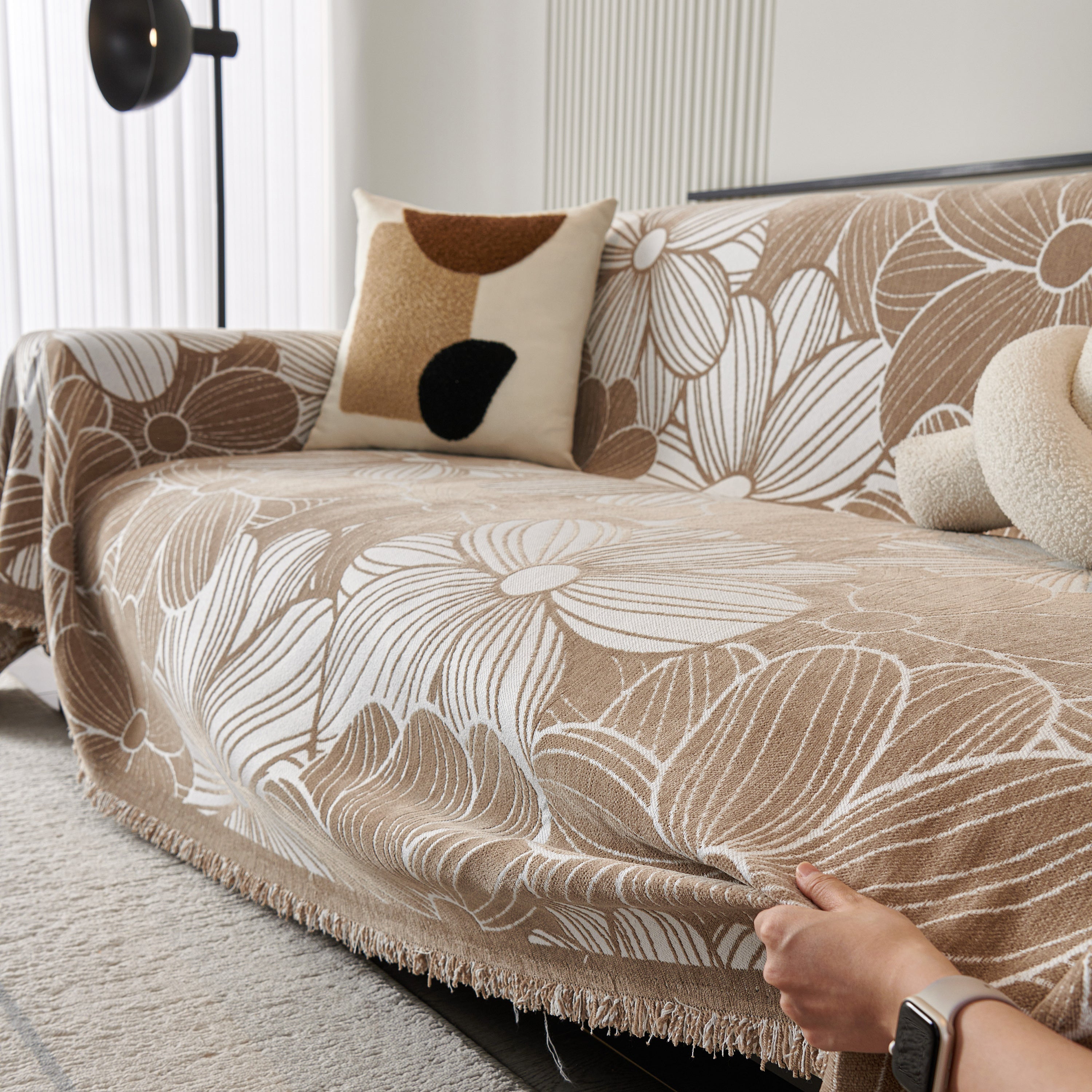 Chenille Jacquard Sofa Throw Cover With Tassels, All-season Furniture Protector For Home And Office