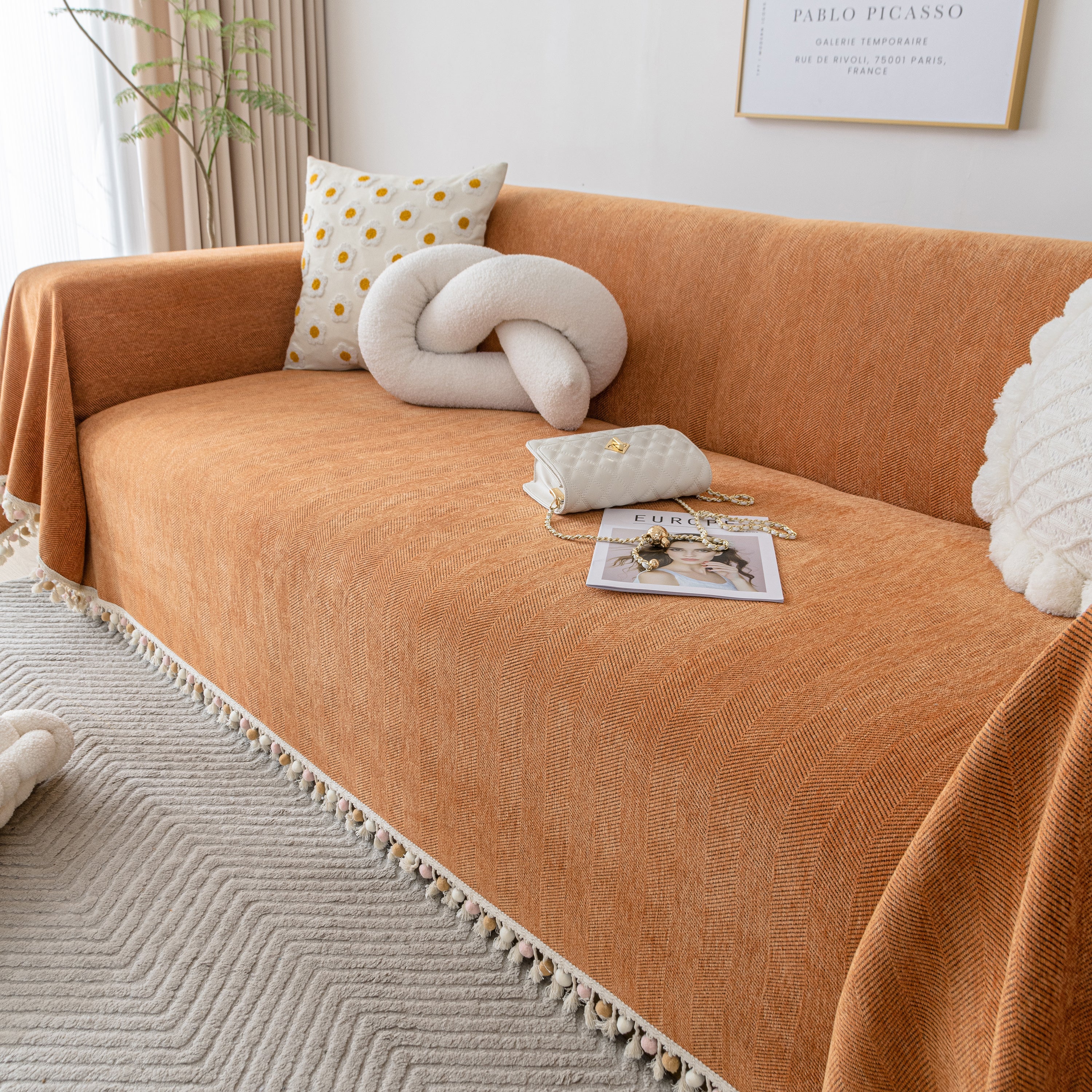 Couch Cover Sectional L Shape Chenille Herringbone Couch Throw Cover With Tassel Pom-poms For Pets