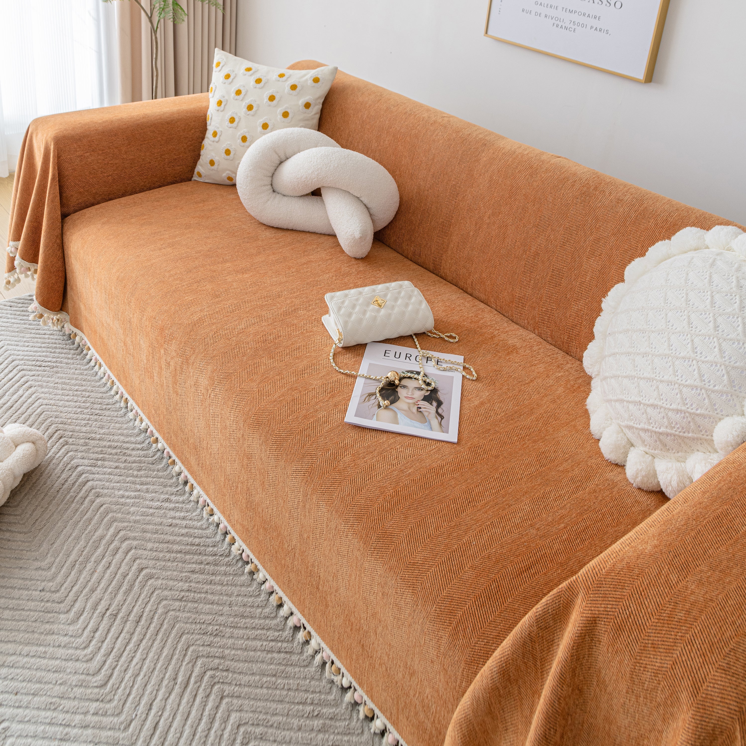 Couch Cover Sectional L Shape Chenille Herringbone Couch Throw Cover With Tassel Pom-poms For Pets