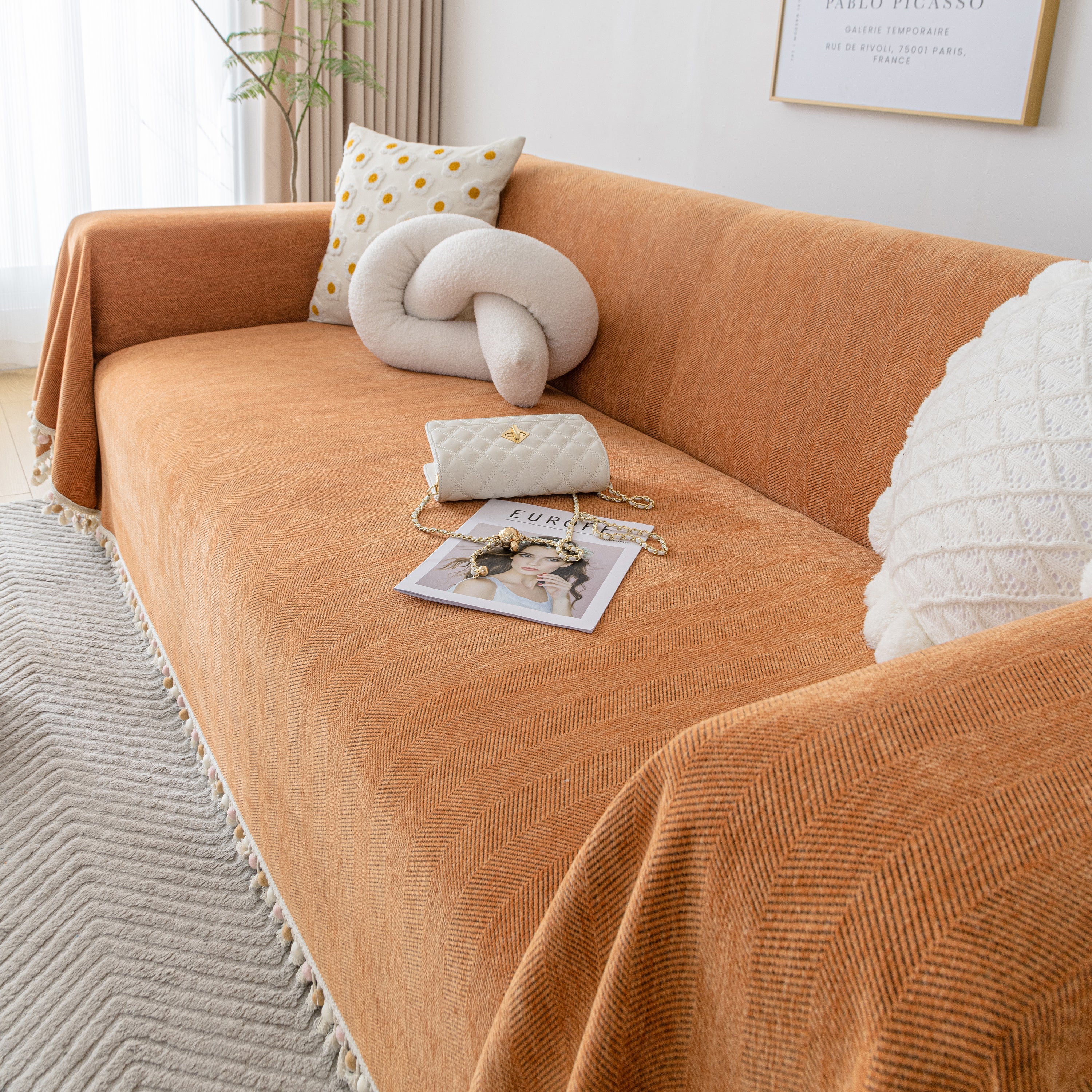 Couch Cover Sectional L Shape Chenille Herringbone Couch Throw Cover With Tassel Pom-poms For Pets