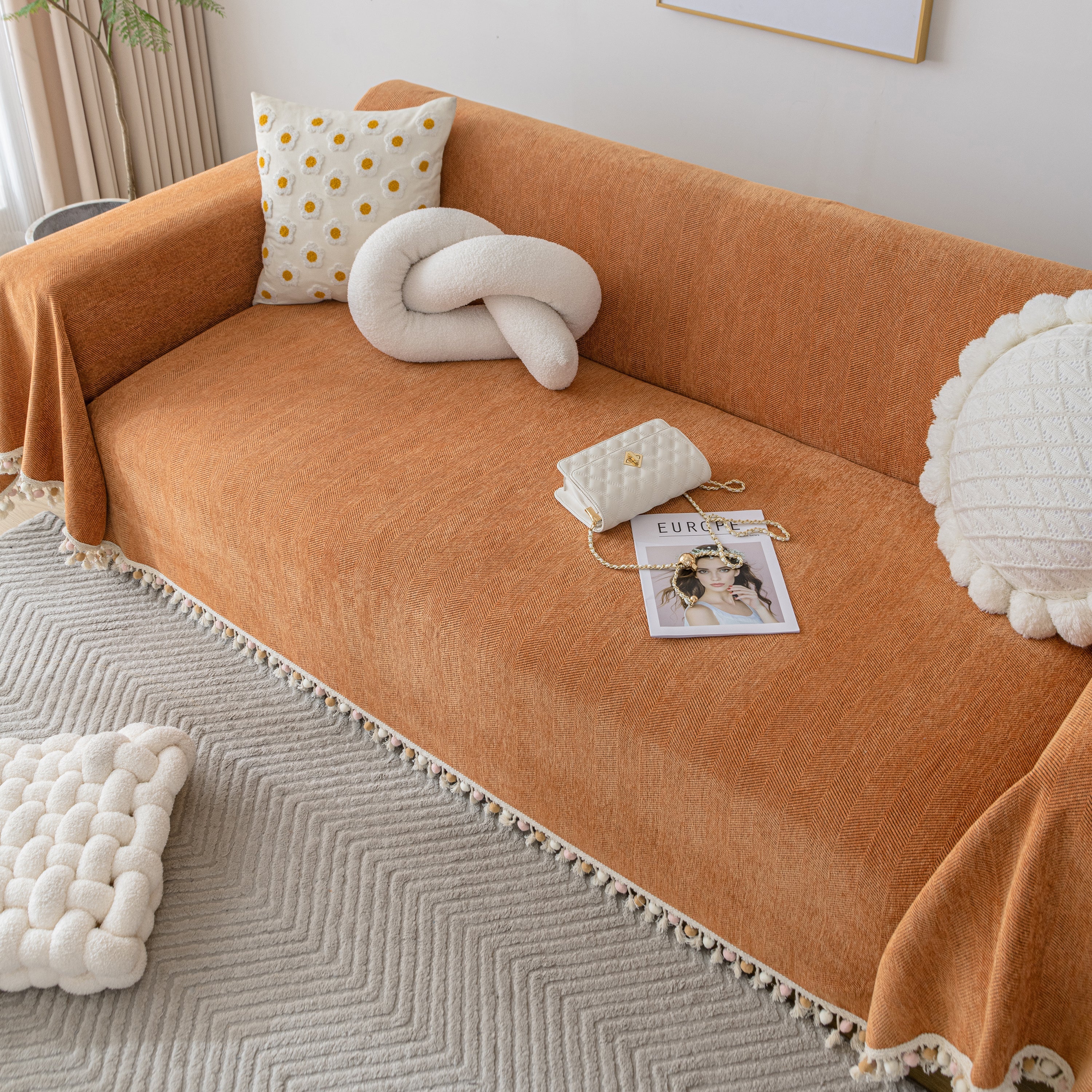 Couch Cover Sectional L Shape Chenille Herringbone Couch Throw Cover With Tassel Pom-poms For Pets