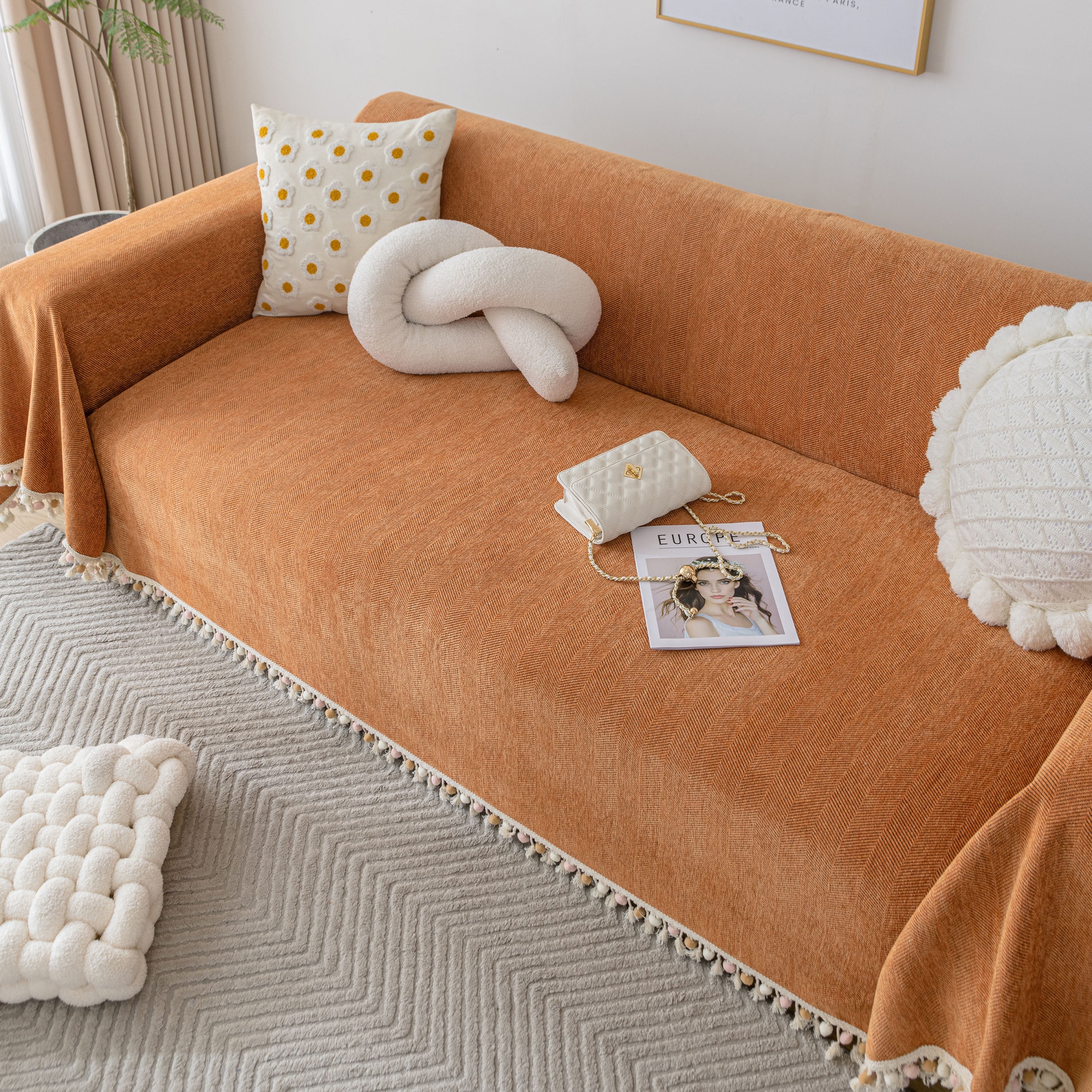 Boho Herringbone Sofa Throw Blanket With Pom Pom Tassels Stylish Furniture Slipcover