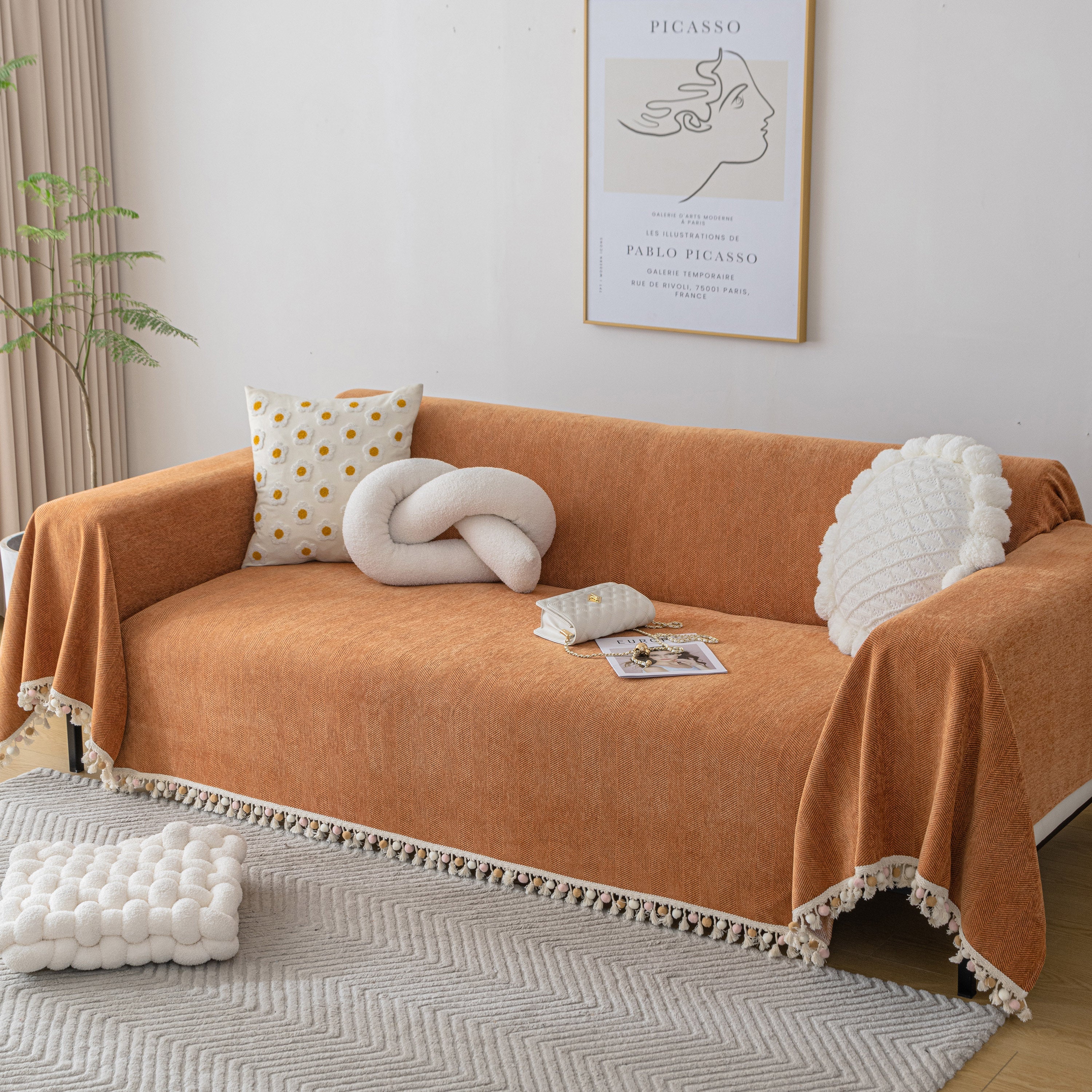 Boho Herringbone Sofa Throw Blanket With Pom Pom Tassels Stylish Furniture Slipcover