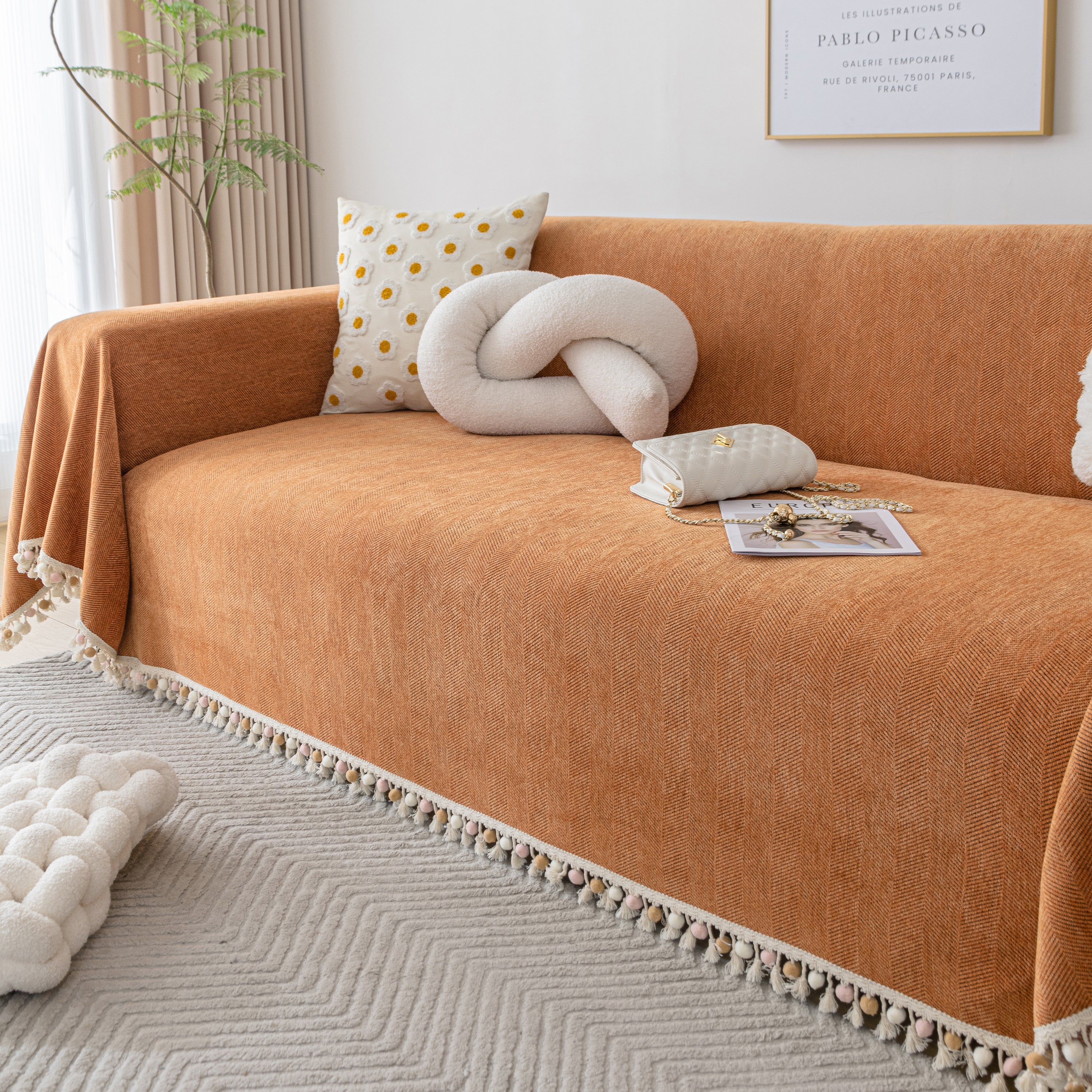Couch Cover Sectional L Shape Chenille Herringbone Couch Throw Cover With Tassel Pom-poms For Pets