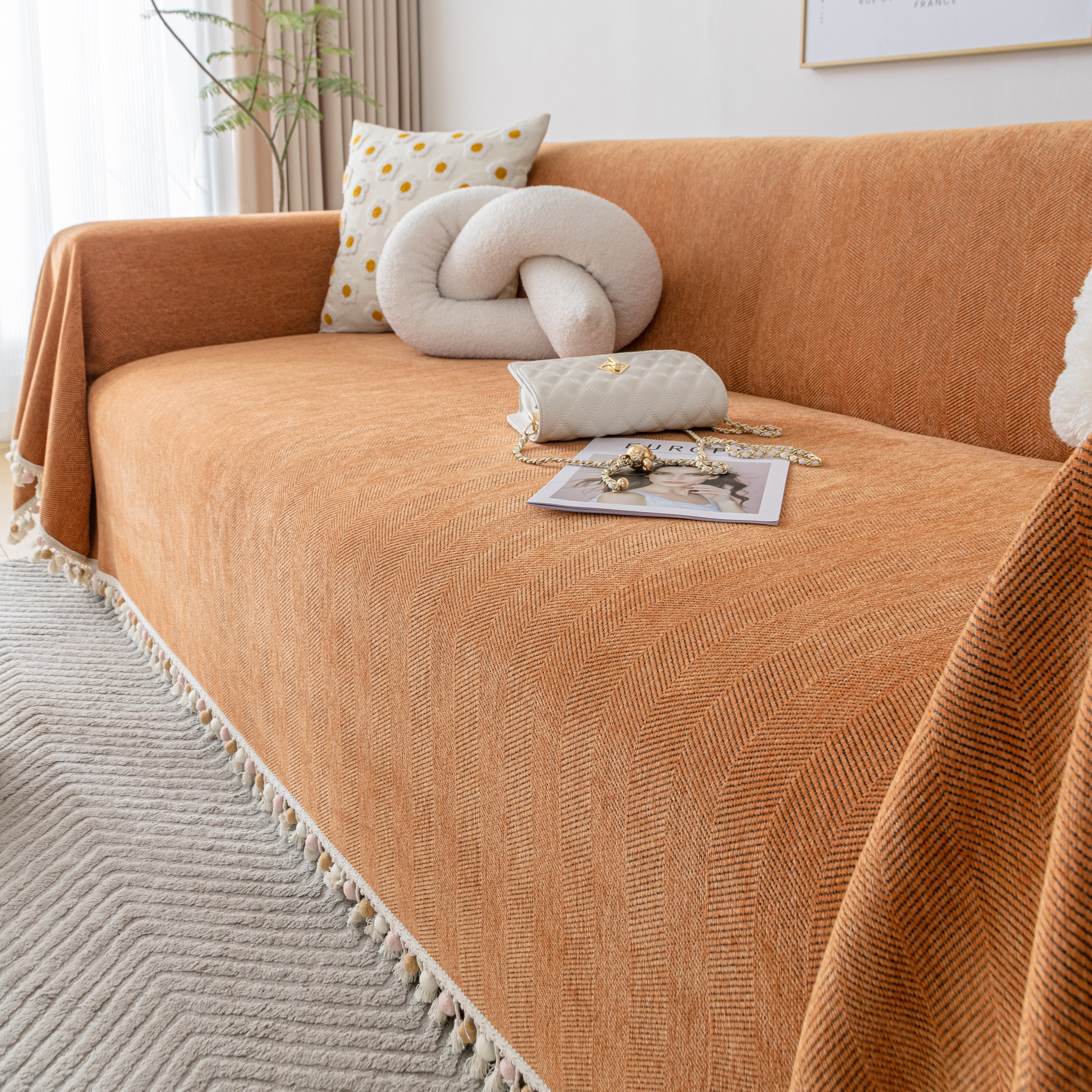 Couch Cover Sectional L Shape Chenille Herringbone Couch Throw Cover With Tassel Pom-poms For Pets