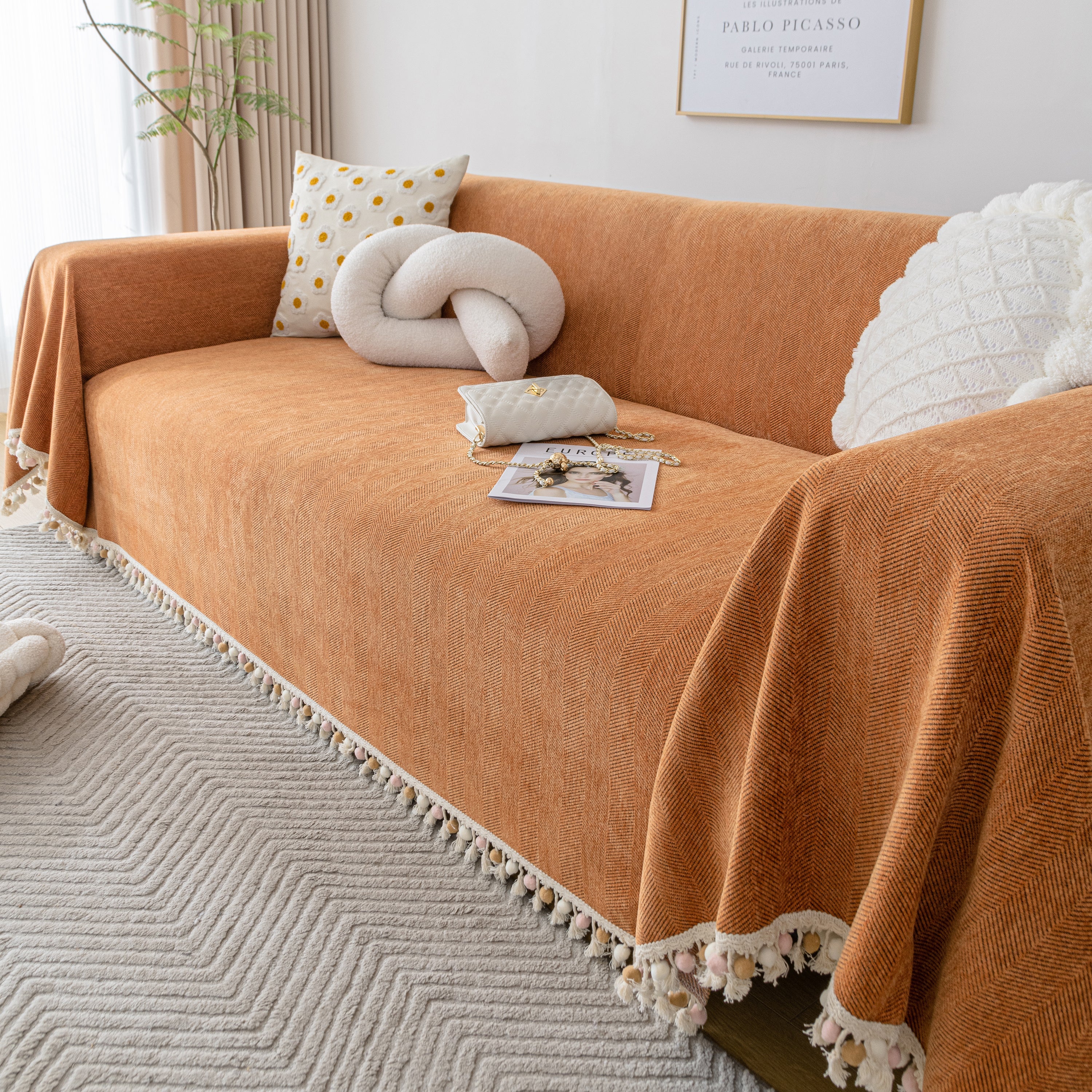 Couch Cover Sectional L Shape Chenille Herringbone Couch Throw Cover With Tassel Pom-poms For Pets