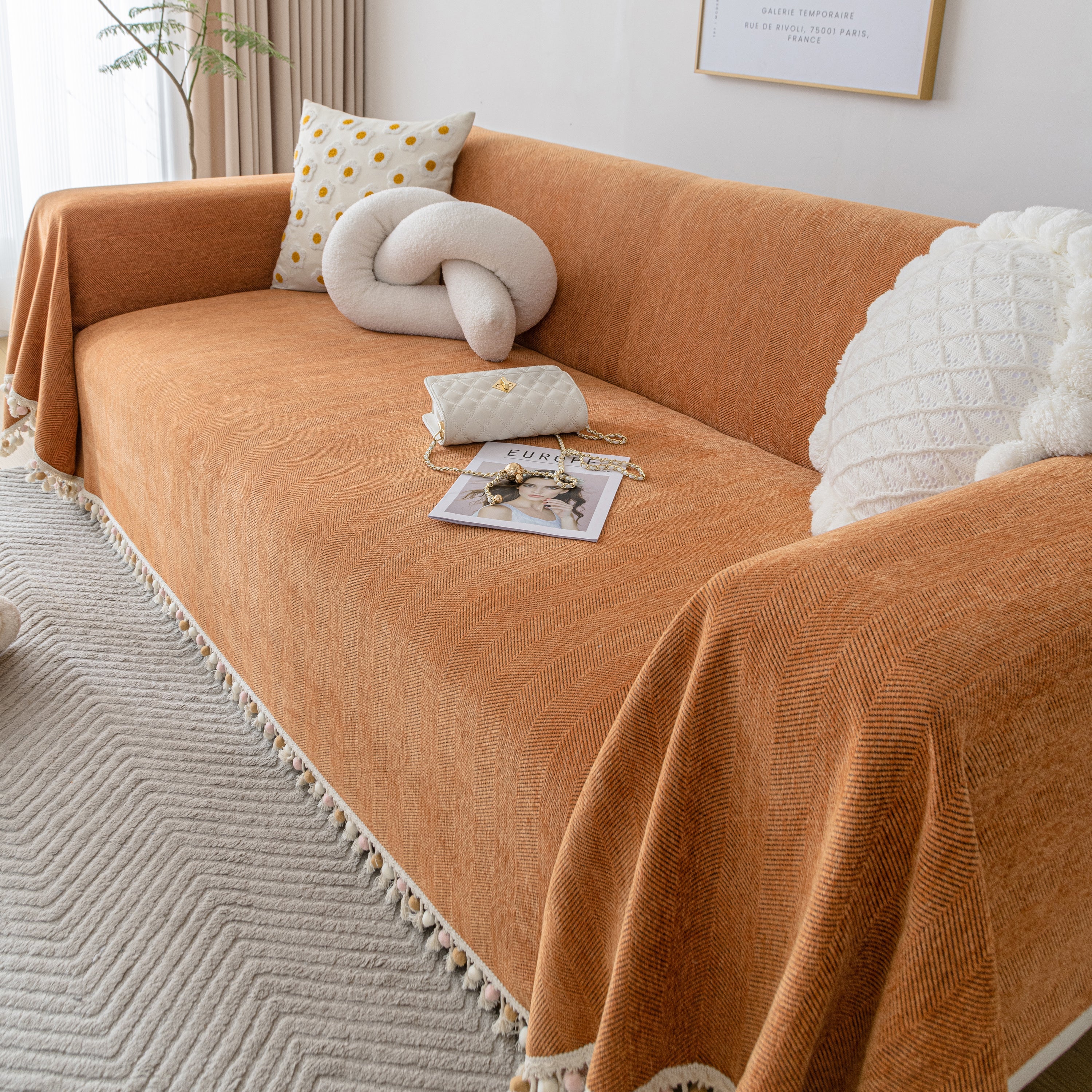 Couch Cover Sectional L Shape Chenille Herringbone Couch Throw Cover With Tassel Pom-poms For Pets