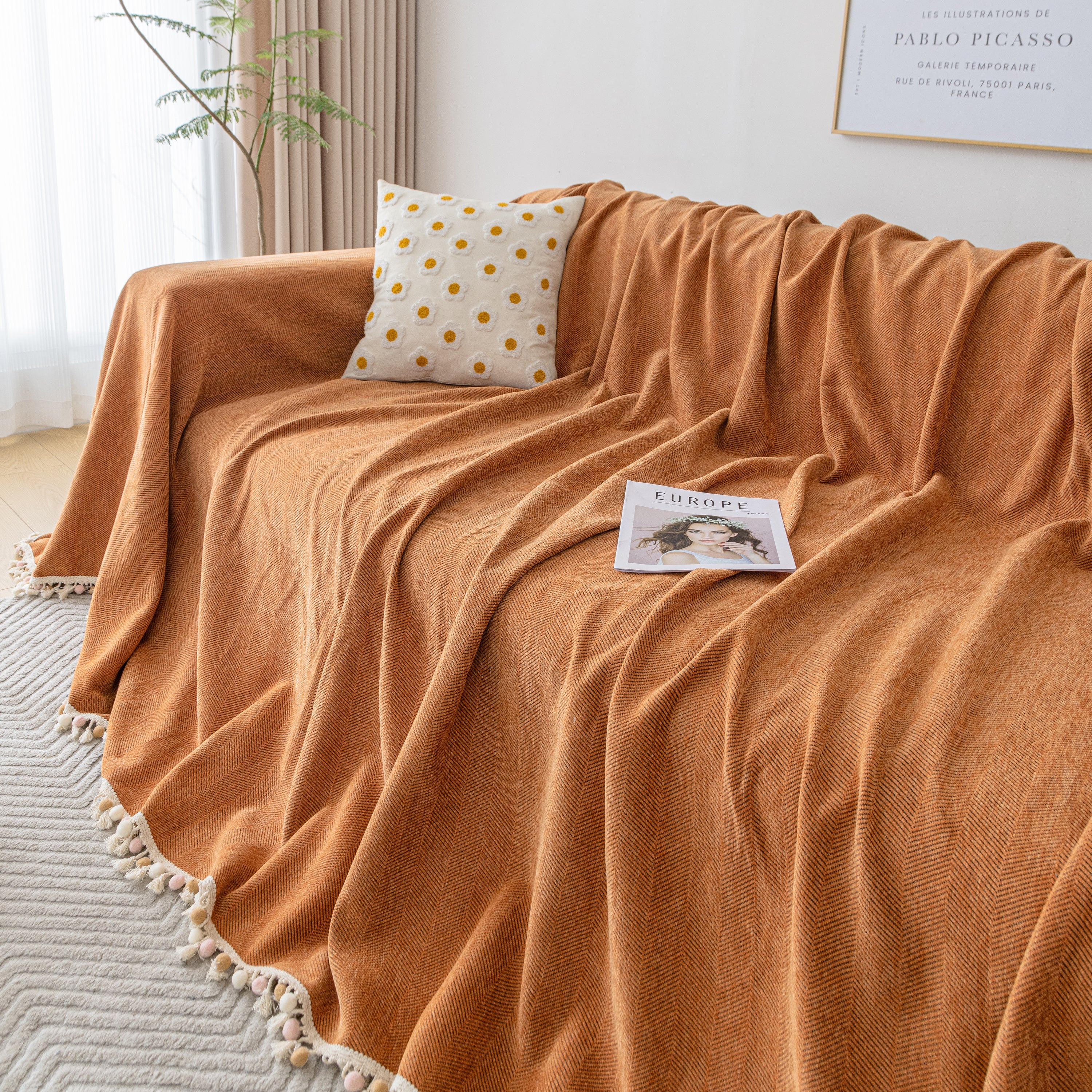 Couch Cover Sectional L Shape Chenille Herringbone Couch Throw Cover With Tassel Pom-poms For Pets