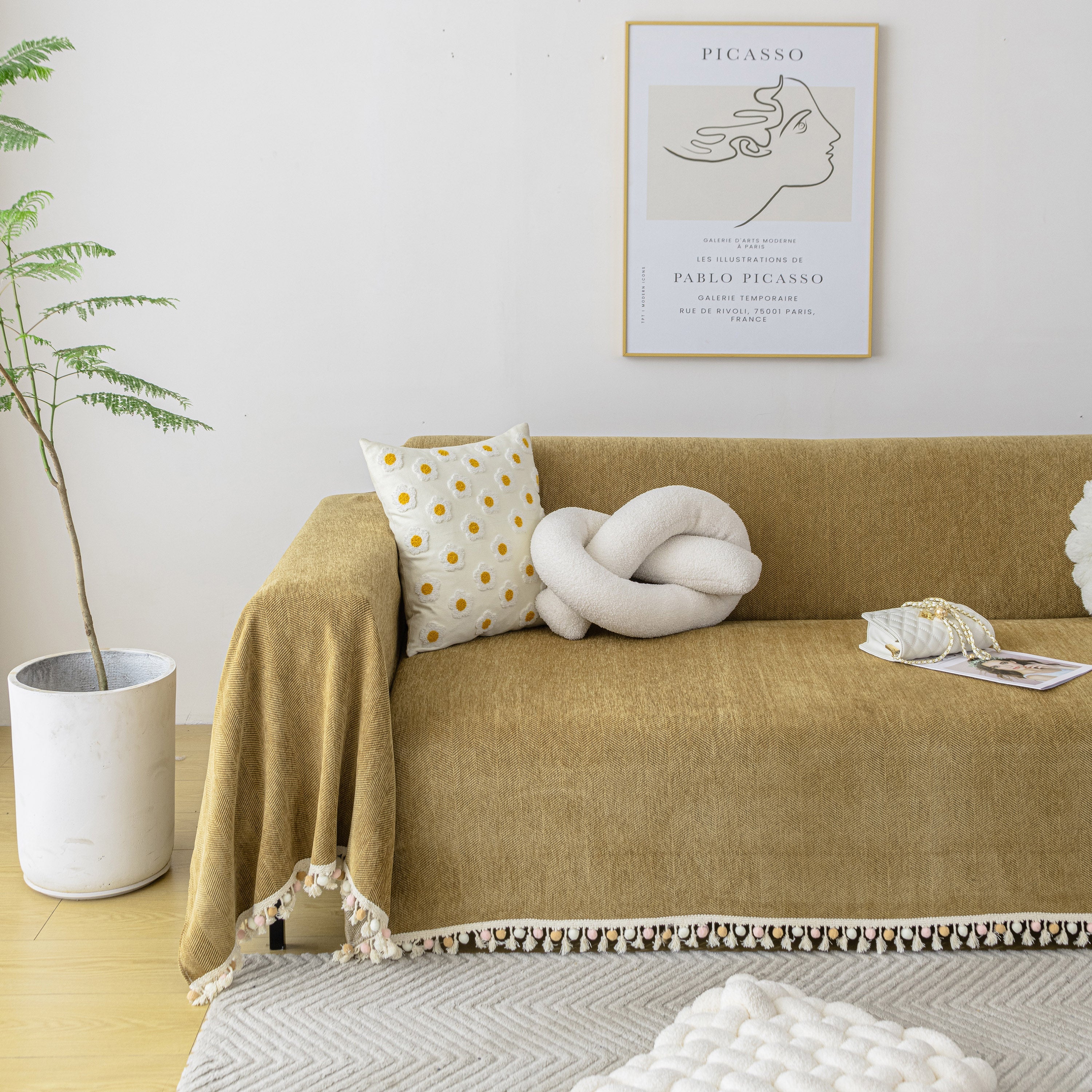 Boho Herringbone Sofa Throw Blanket With Pom Pom Tassels Stylish Furniture Slipcover