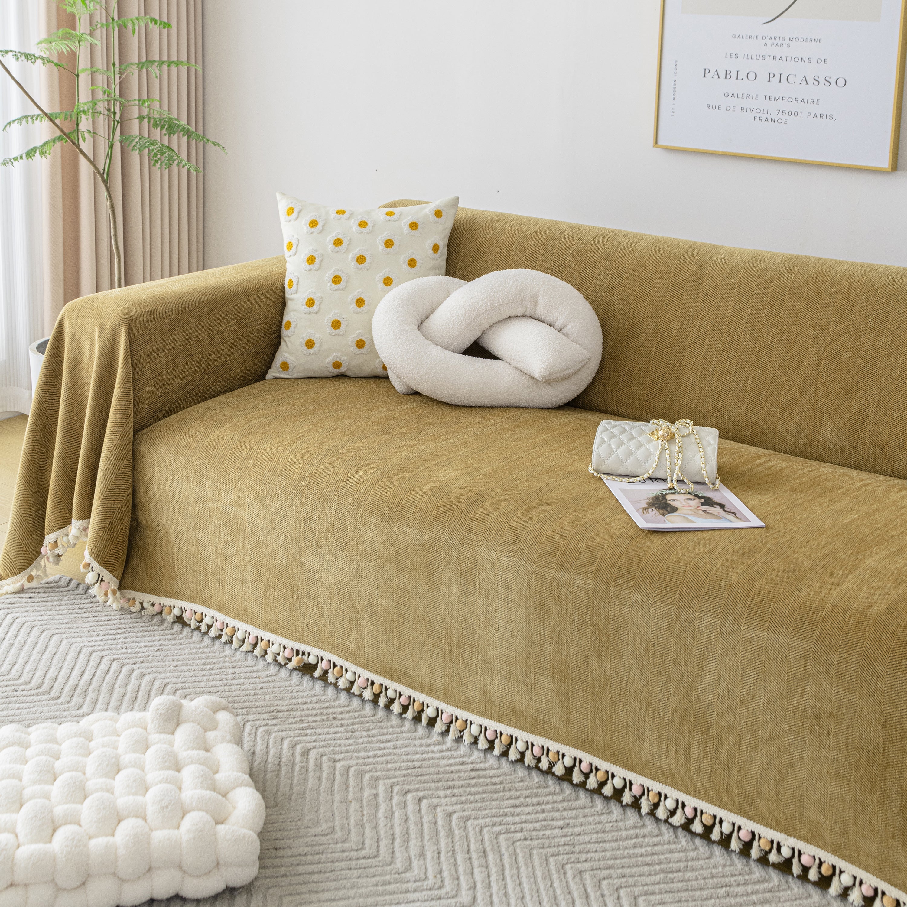 Couch Cover Sectional L Shape Chenille Herringbone Couch Throw Cover With Tassel Pom-poms For Pets