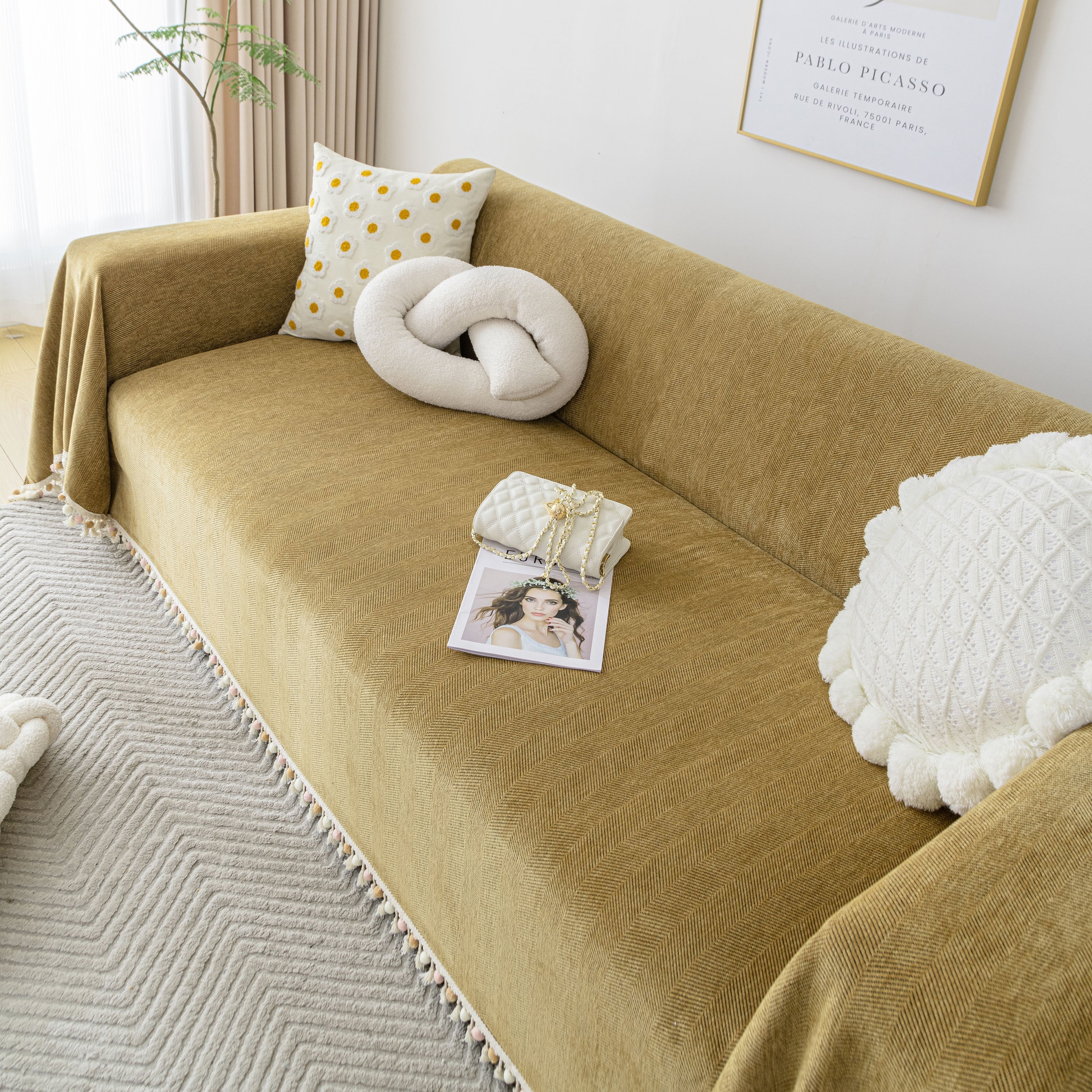 Boho Herringbone Sofa Throw Blanket With Pom Pom Tassels Stylish Furniture Slipcover