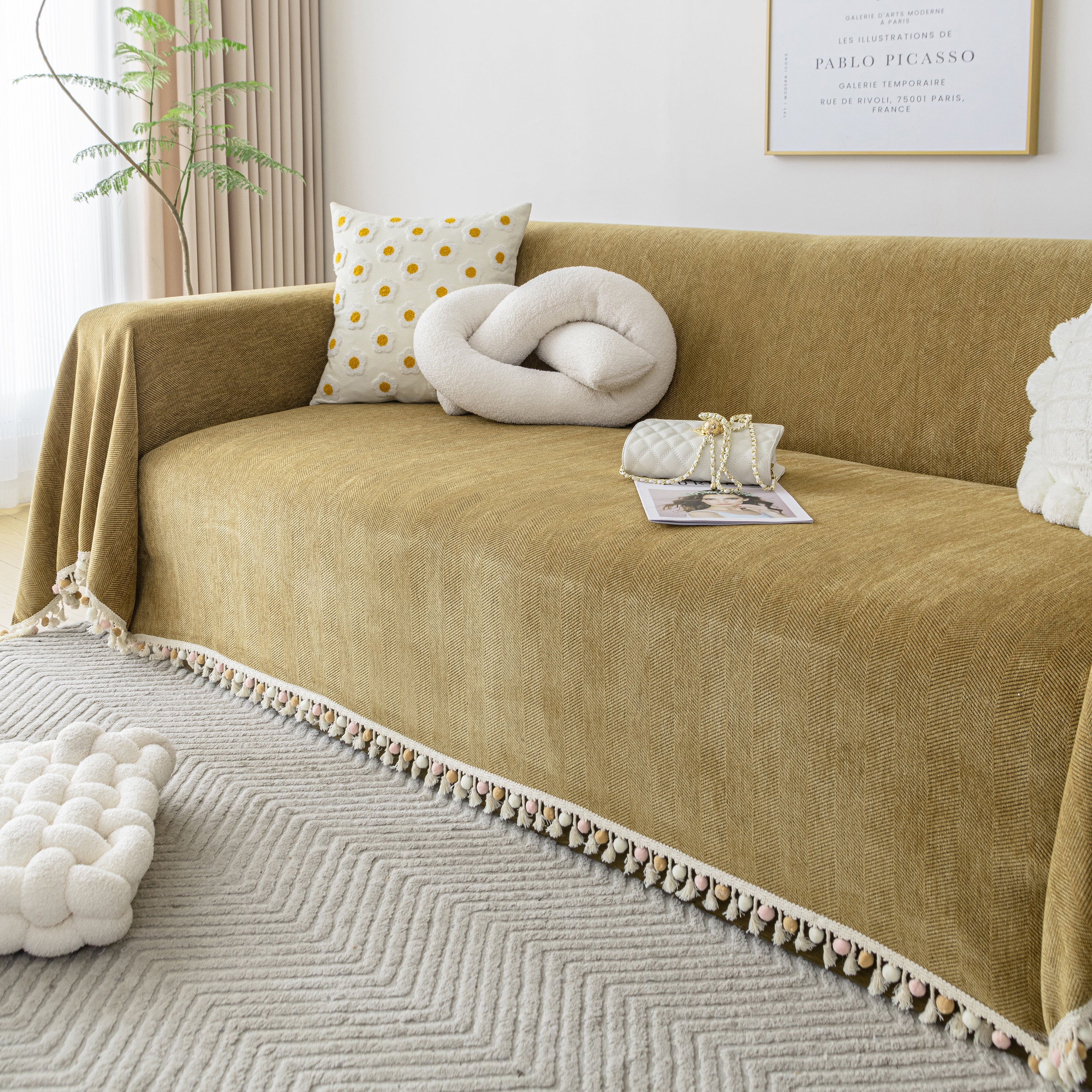 Couch Cover Sectional L Shape Chenille Herringbone Couch Throw Cover With Tassel Pom-poms For Pets