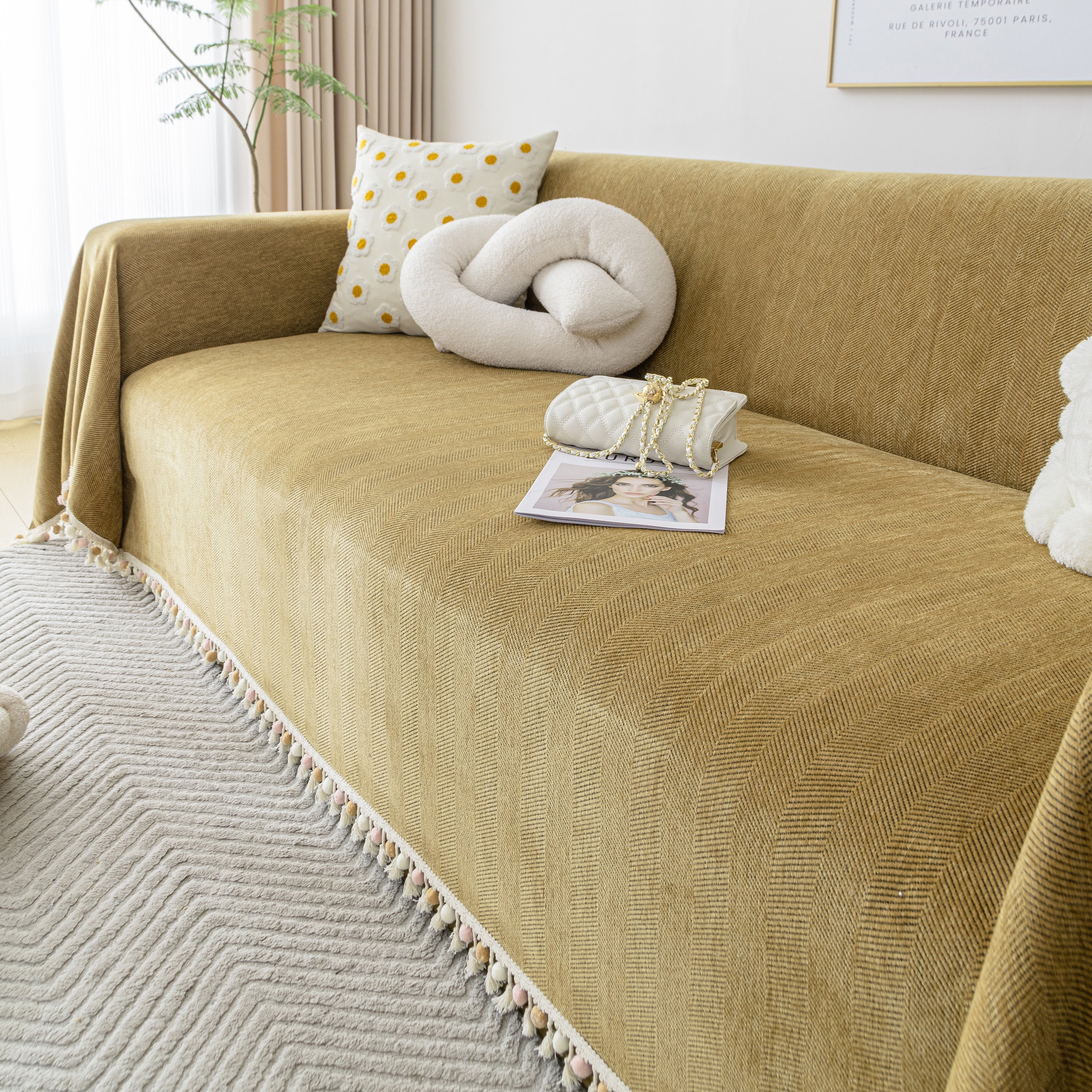 Couch Cover Sectional L Shape Chenille Herringbone Couch Throw Cover With Tassel Pom-poms For Pets