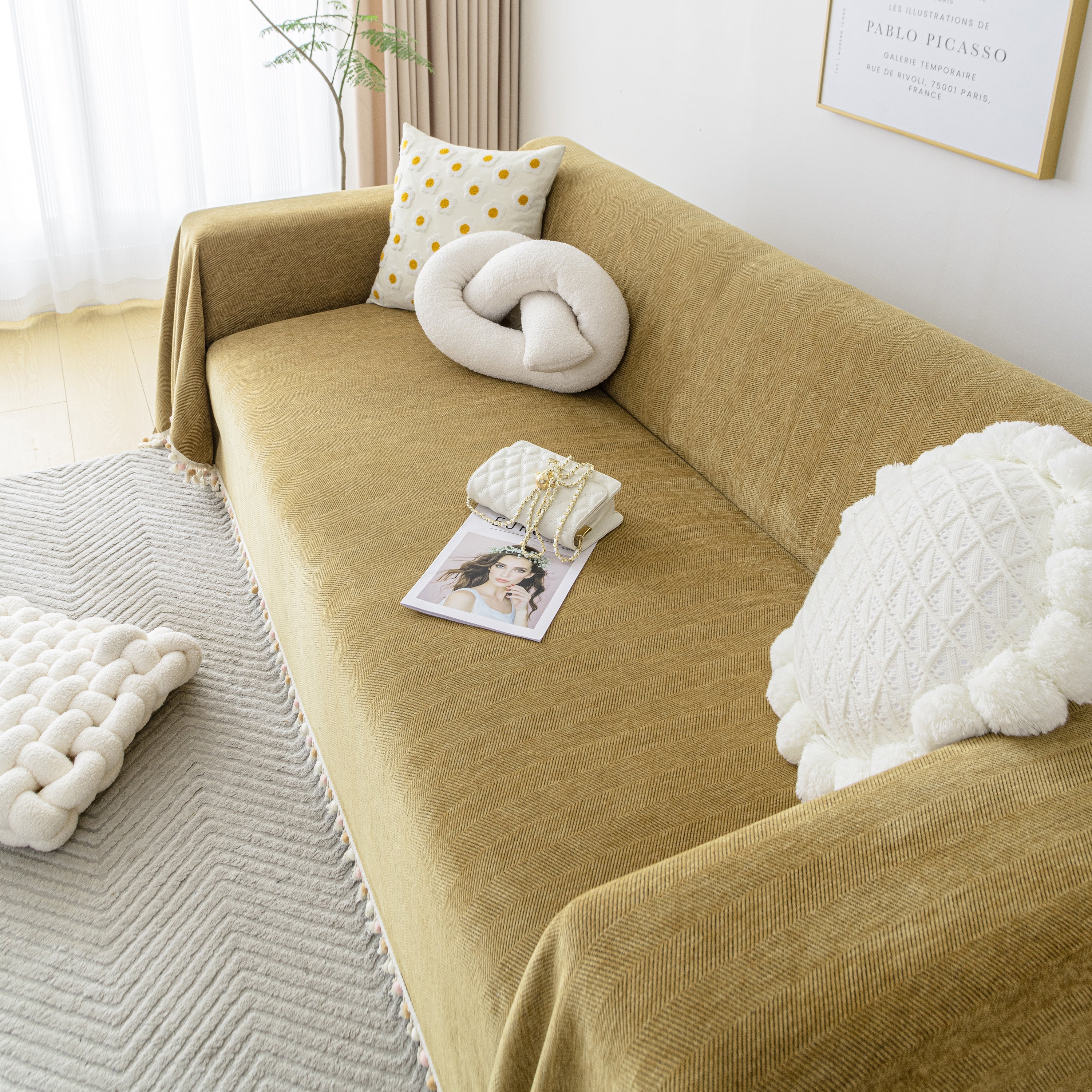 Couch Cover Sectional L Shape Chenille Herringbone Couch Throw Cover With Tassel Pom-poms For Pets
