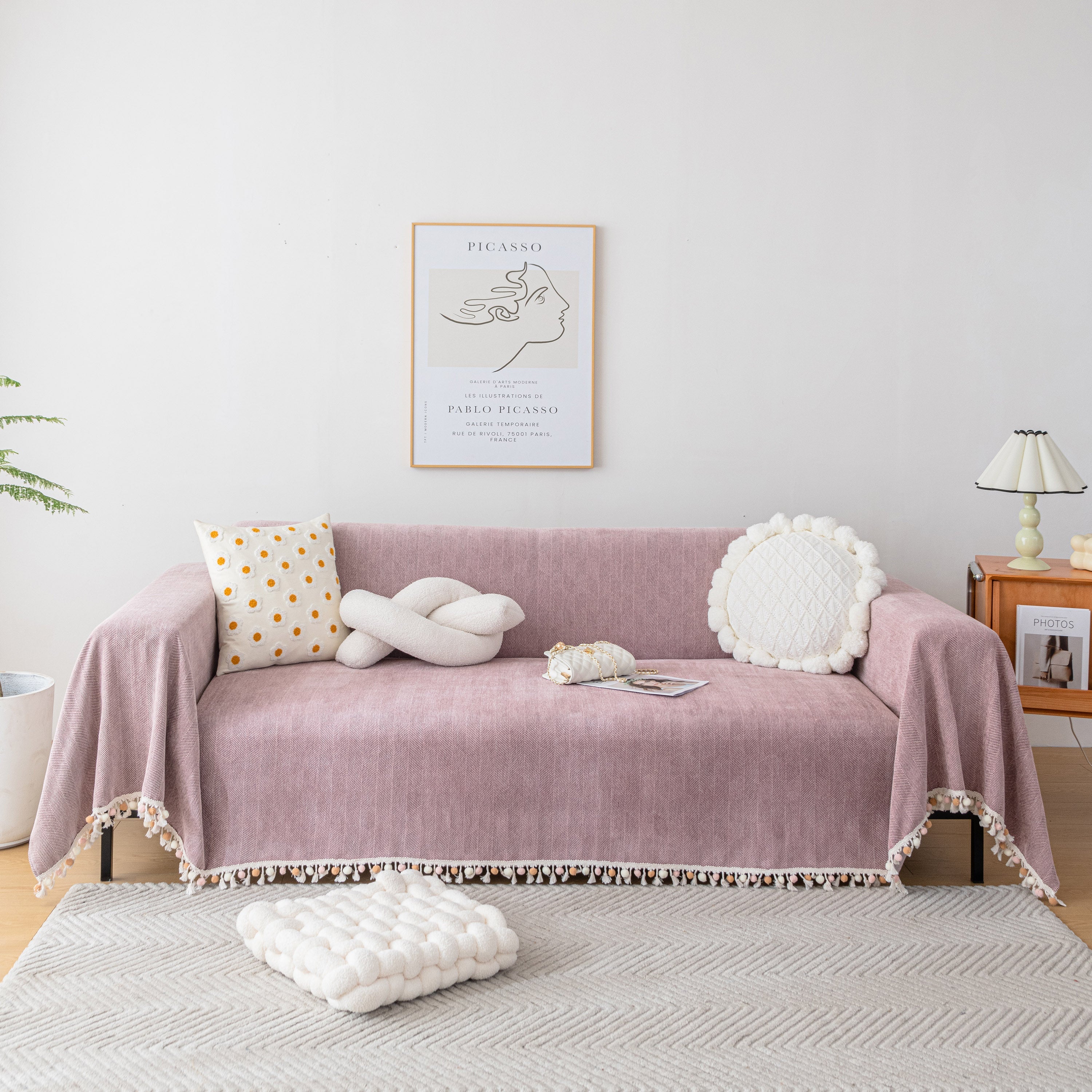 Boho Herringbone Sofa Throw Blanket With Pom Pom Tassels Stylish Furniture Slipcover