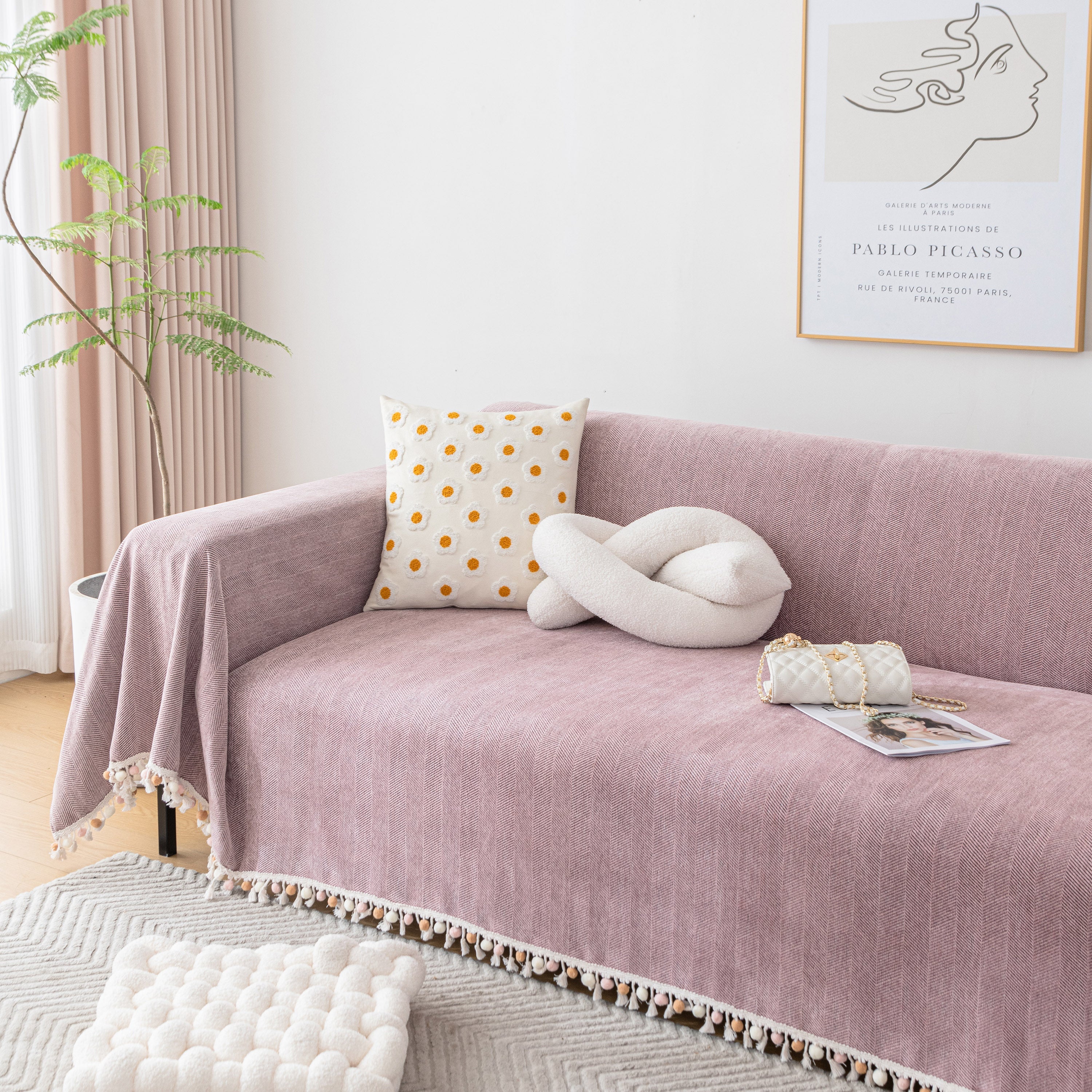 Boho Herringbone Sofa Throw Blanket With Pom Pom Tassels Stylish Furniture Slipcover