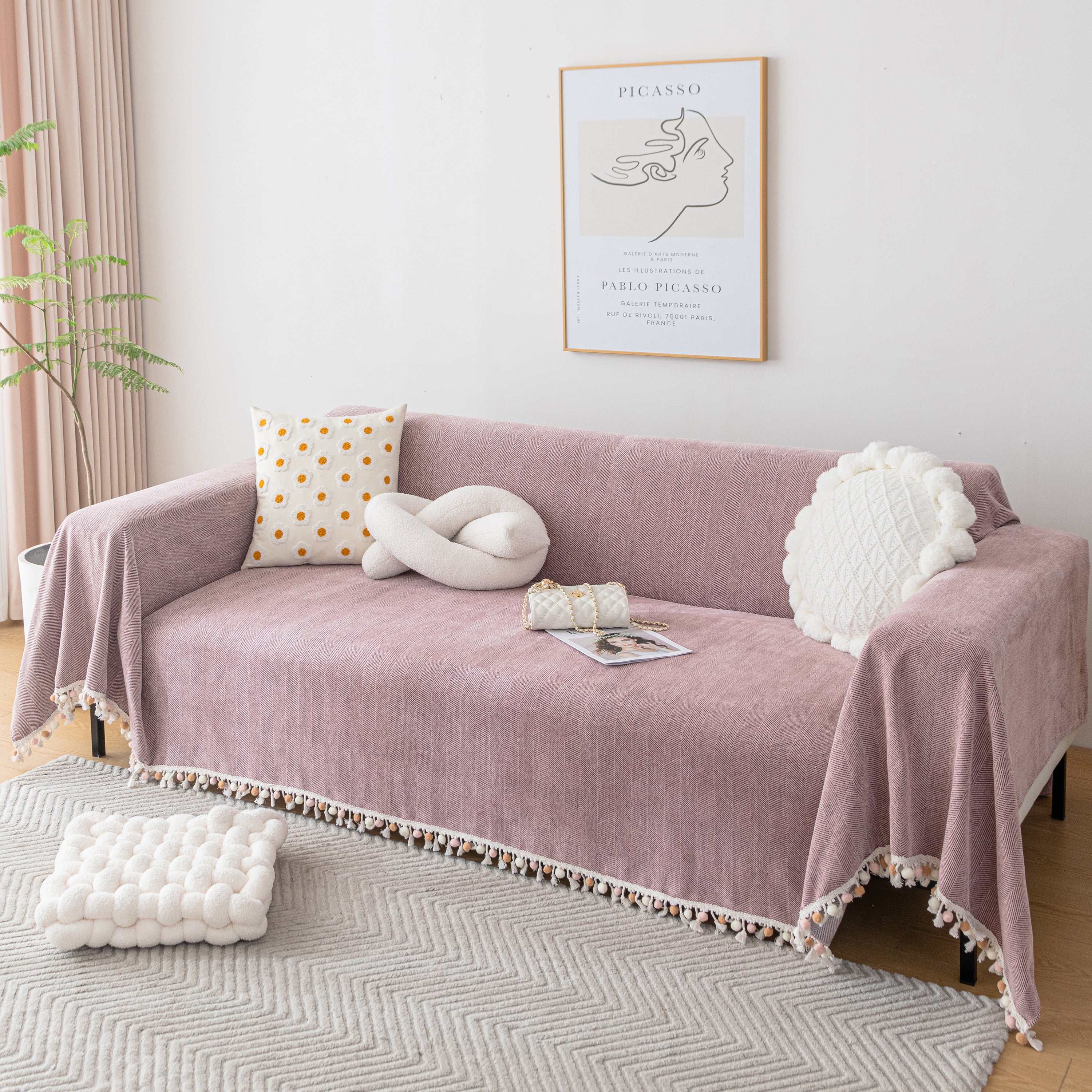 Couch Cover Sectional L Shape Chenille Herringbone Couch Throw Cover With Tassel Pom-poms For Pets