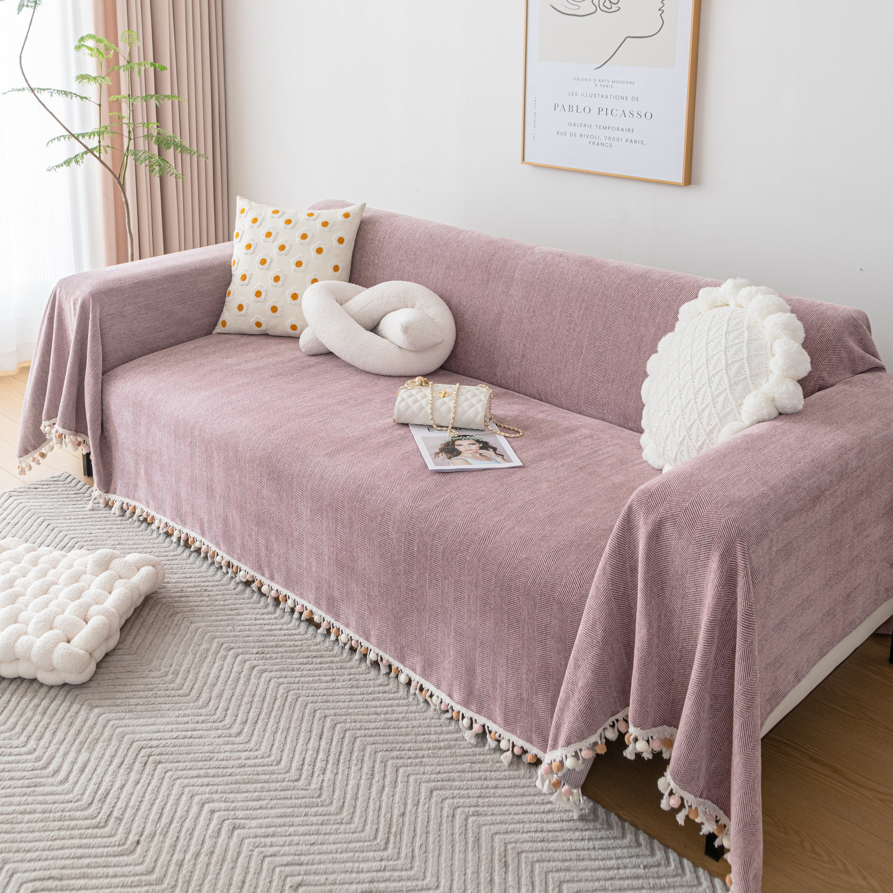 Couch Cover Sectional L Shape Chenille Herringbone Couch Throw Cover With Tassel Pom-poms For Pets