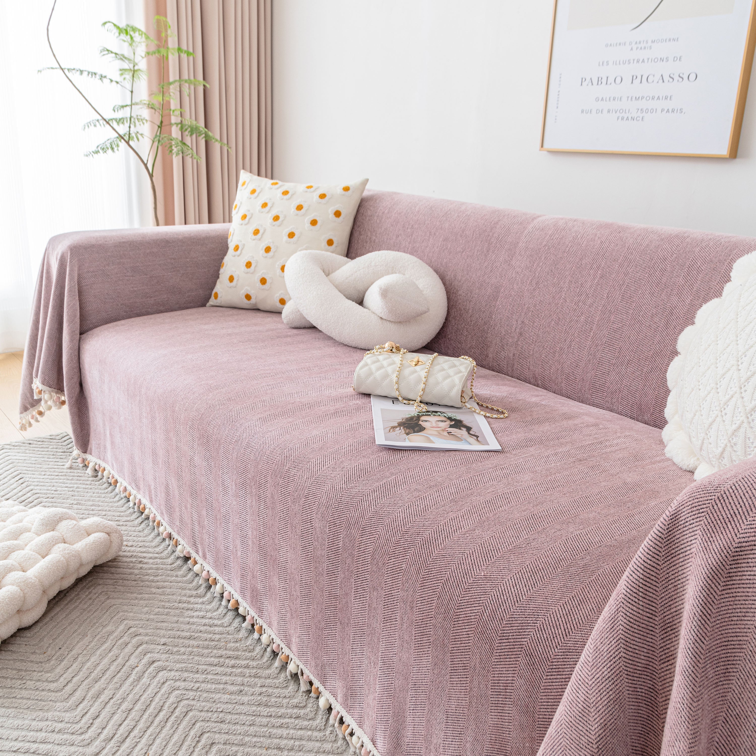 Boho Herringbone Sofa Throw Blanket With Pom Pom Tassels Stylish Furniture Slipcover