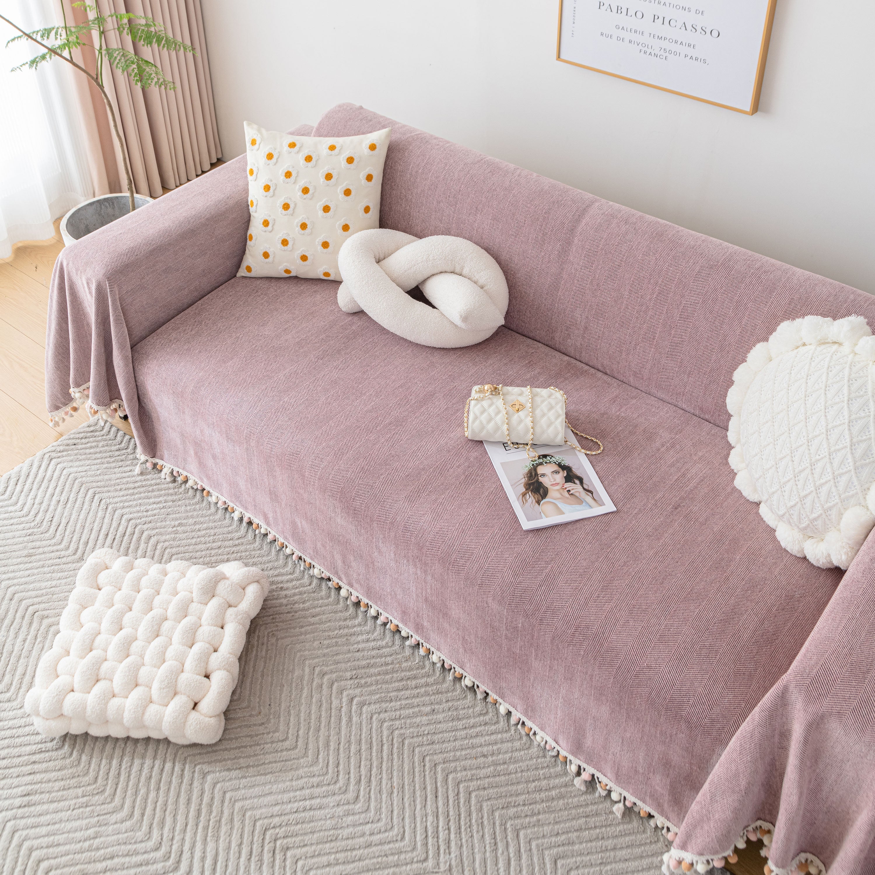Boho Herringbone Sofa Throw Blanket With Pom Pom Tassels Stylish Furniture Slipcover