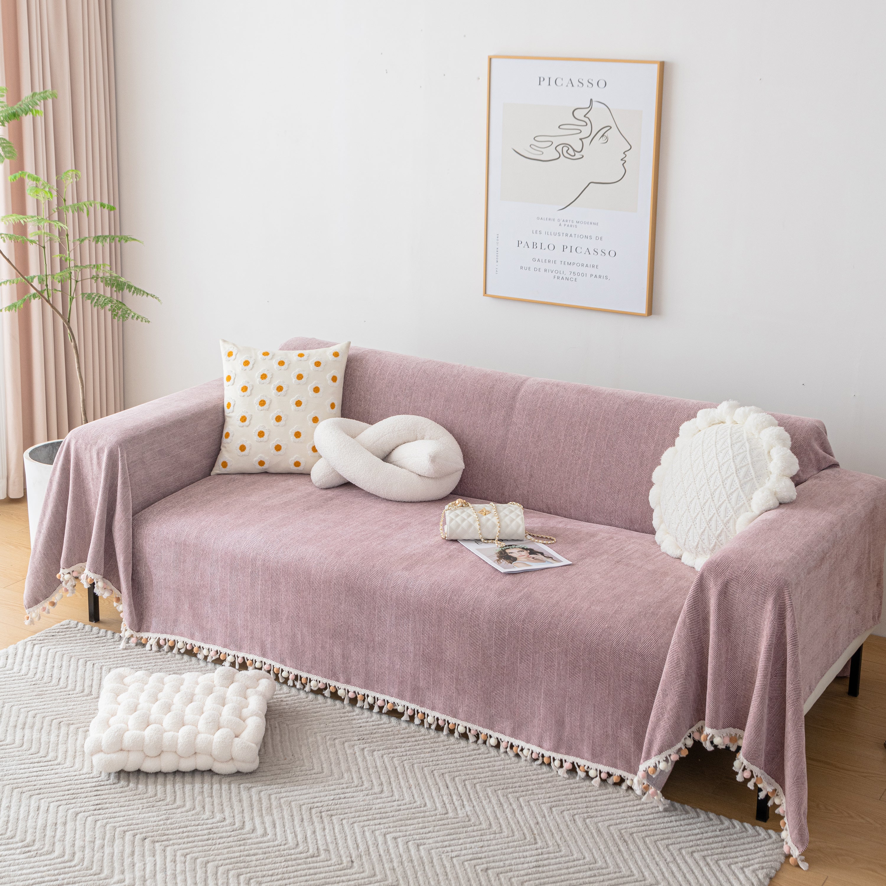 Couch Cover Sectional L Shape Chenille Herringbone Couch Throw Cover With Tassel Pom-poms For Pets
