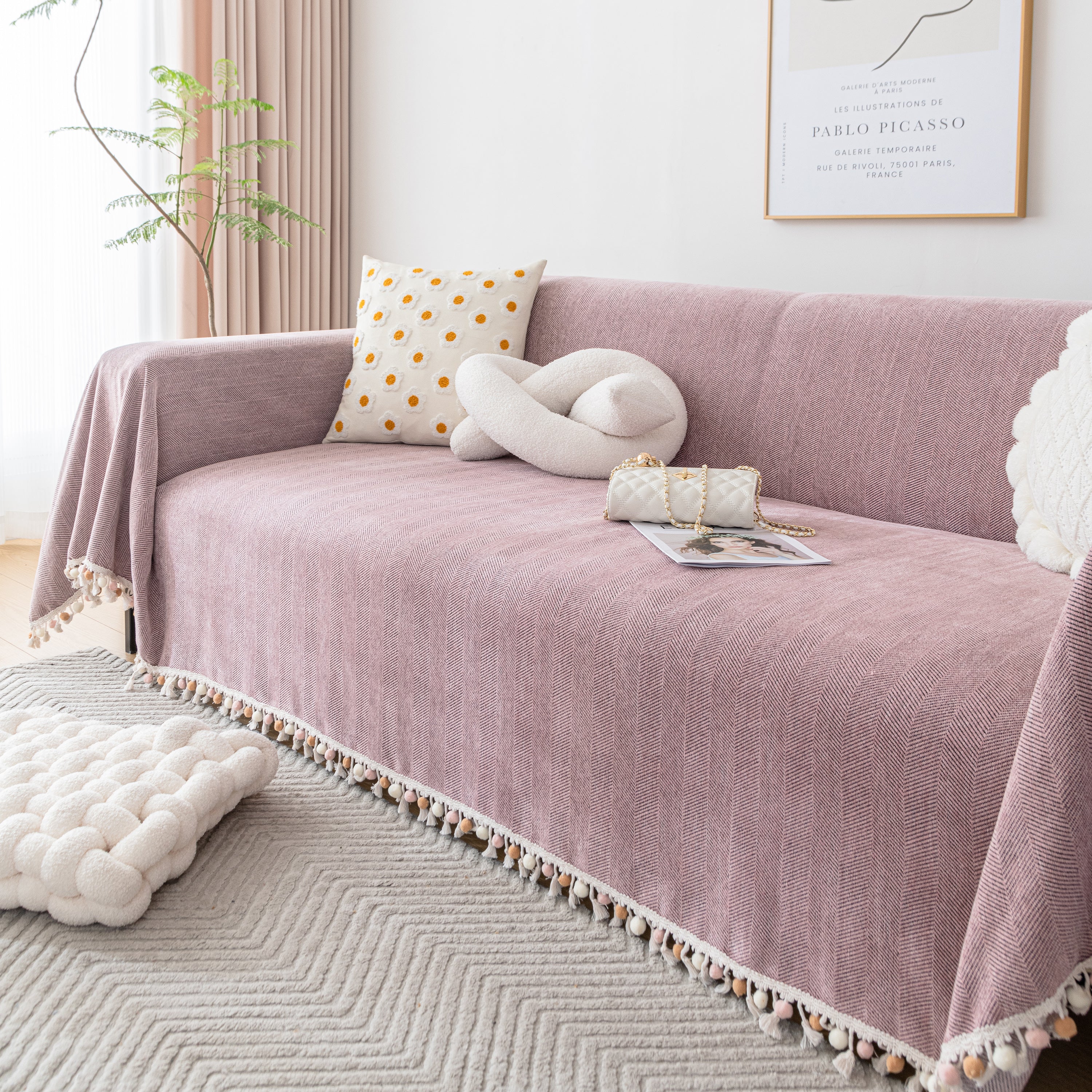 Couch Cover Sectional L Shape Chenille Herringbone Couch Throw Cover With Tassel Pom-poms For Pets