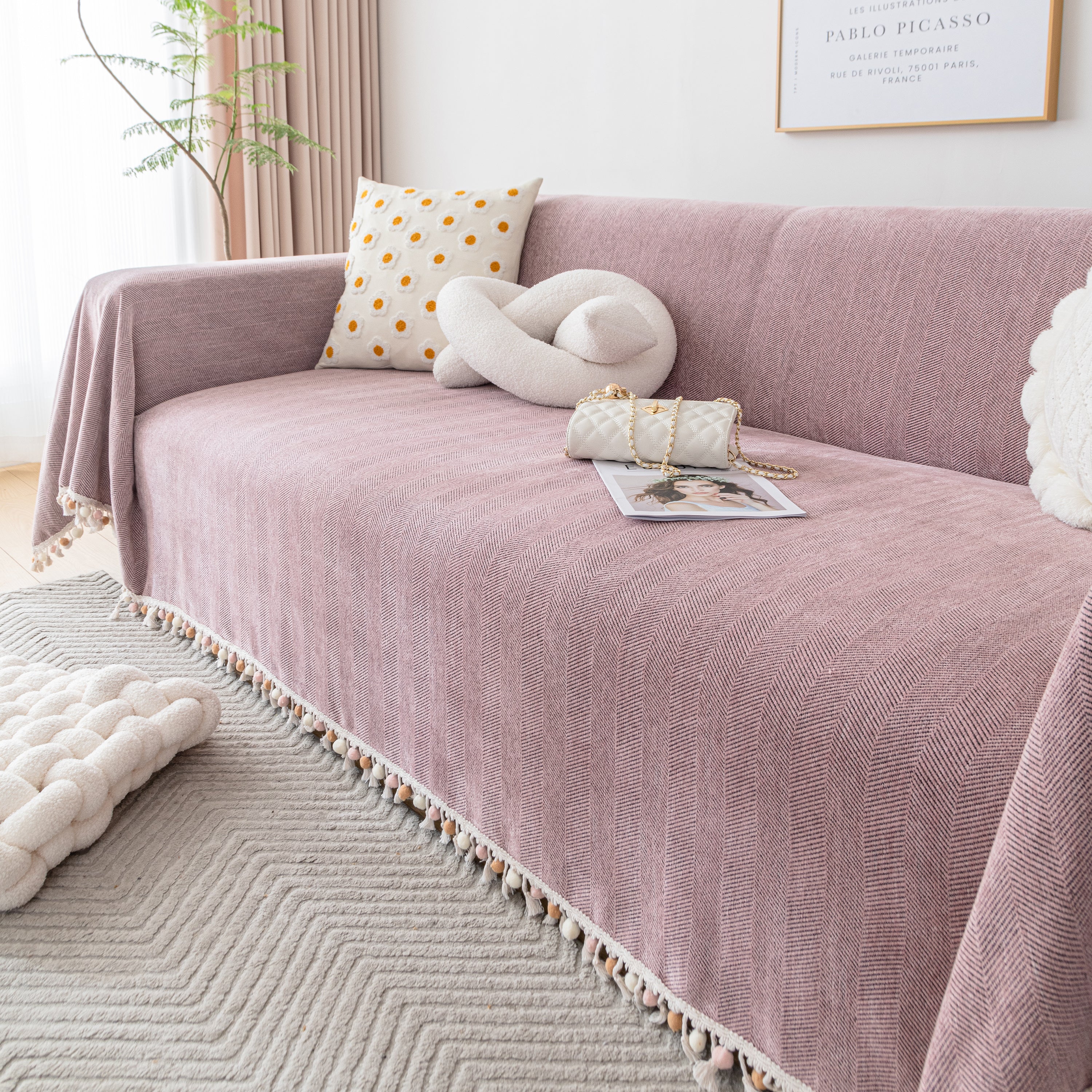 Couch Cover Sectional L Shape Chenille Herringbone Couch Throw Cover With Tassel Pom-poms For Pets