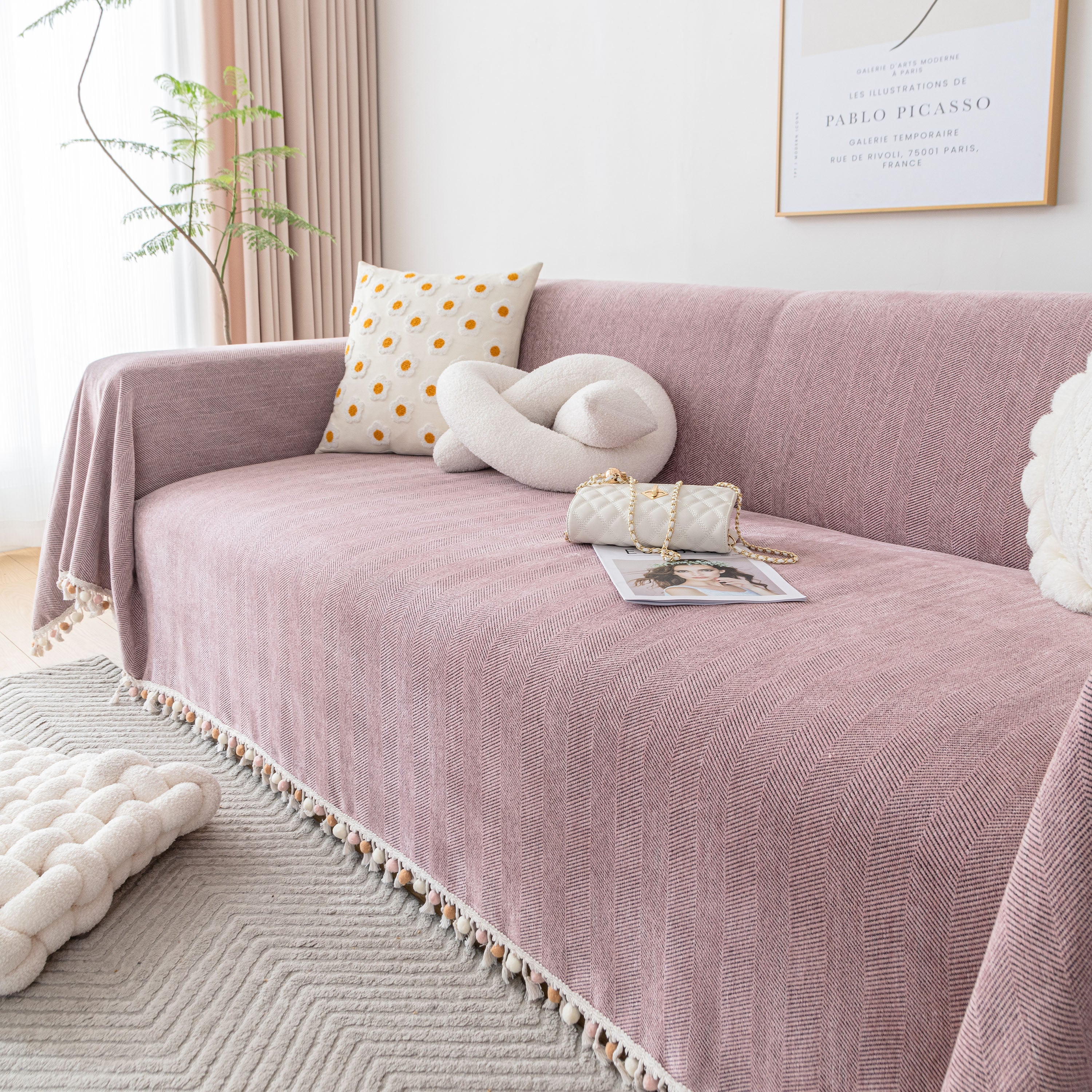 Boho Herringbone Sofa Throw Blanket With Pom Pom Tassels Stylish Furniture Slipcover
