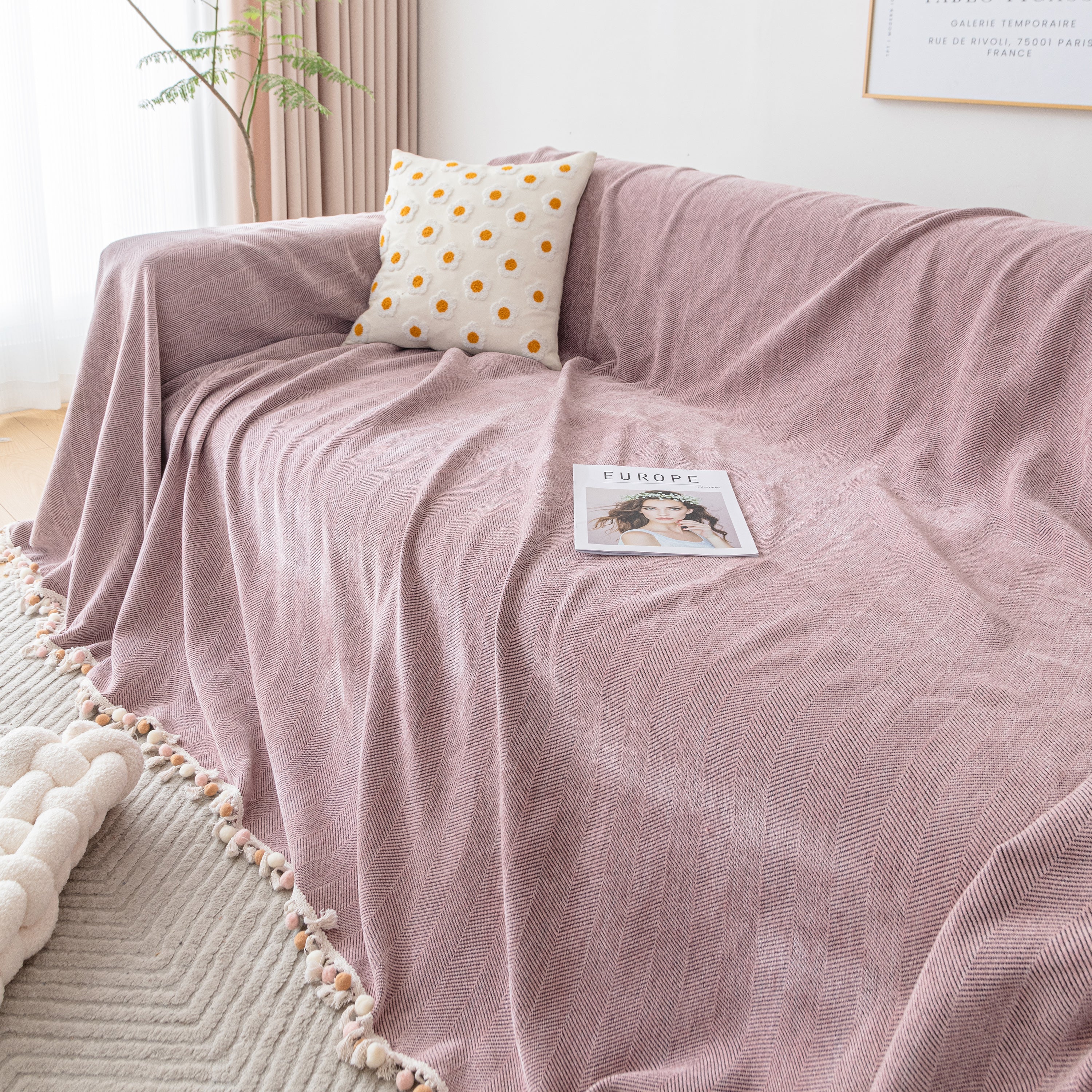 Couch Cover Sectional L Shape Chenille Herringbone Couch Throw Cover With Tassel Pom-poms For Pets