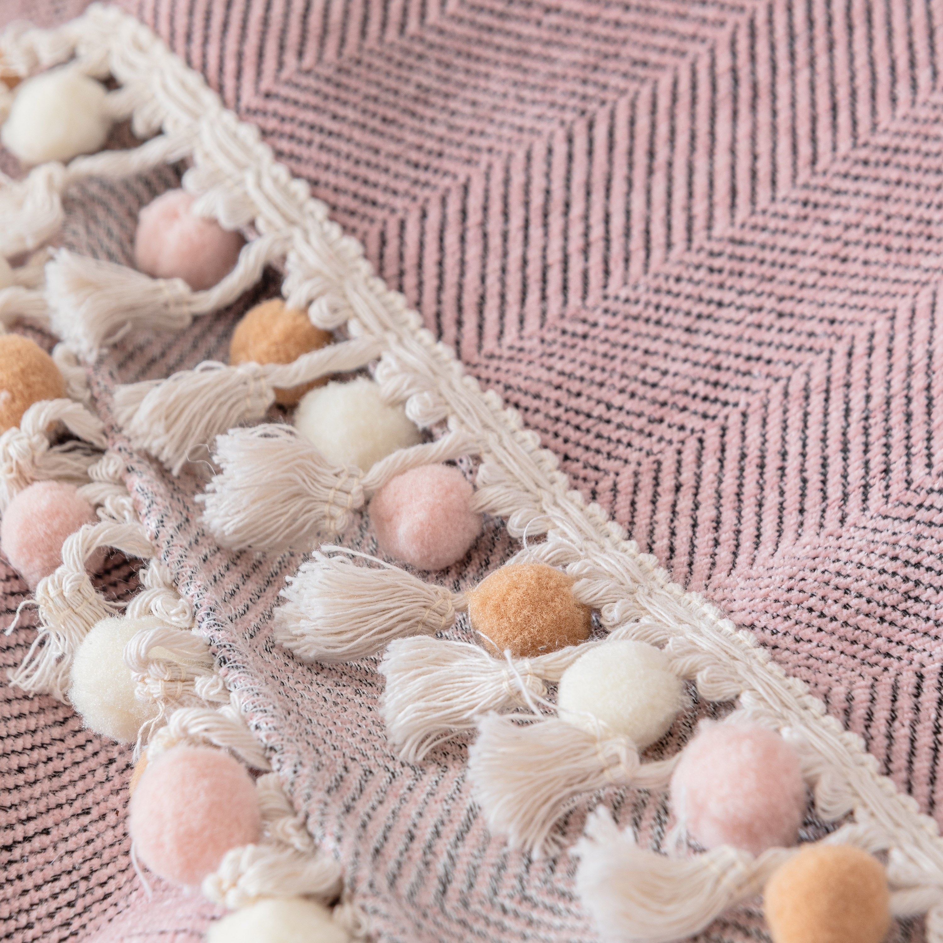 Boho Herringbone Sofa Throw Blanket With Pom Pom Tassels Stylish Furniture Slipcover