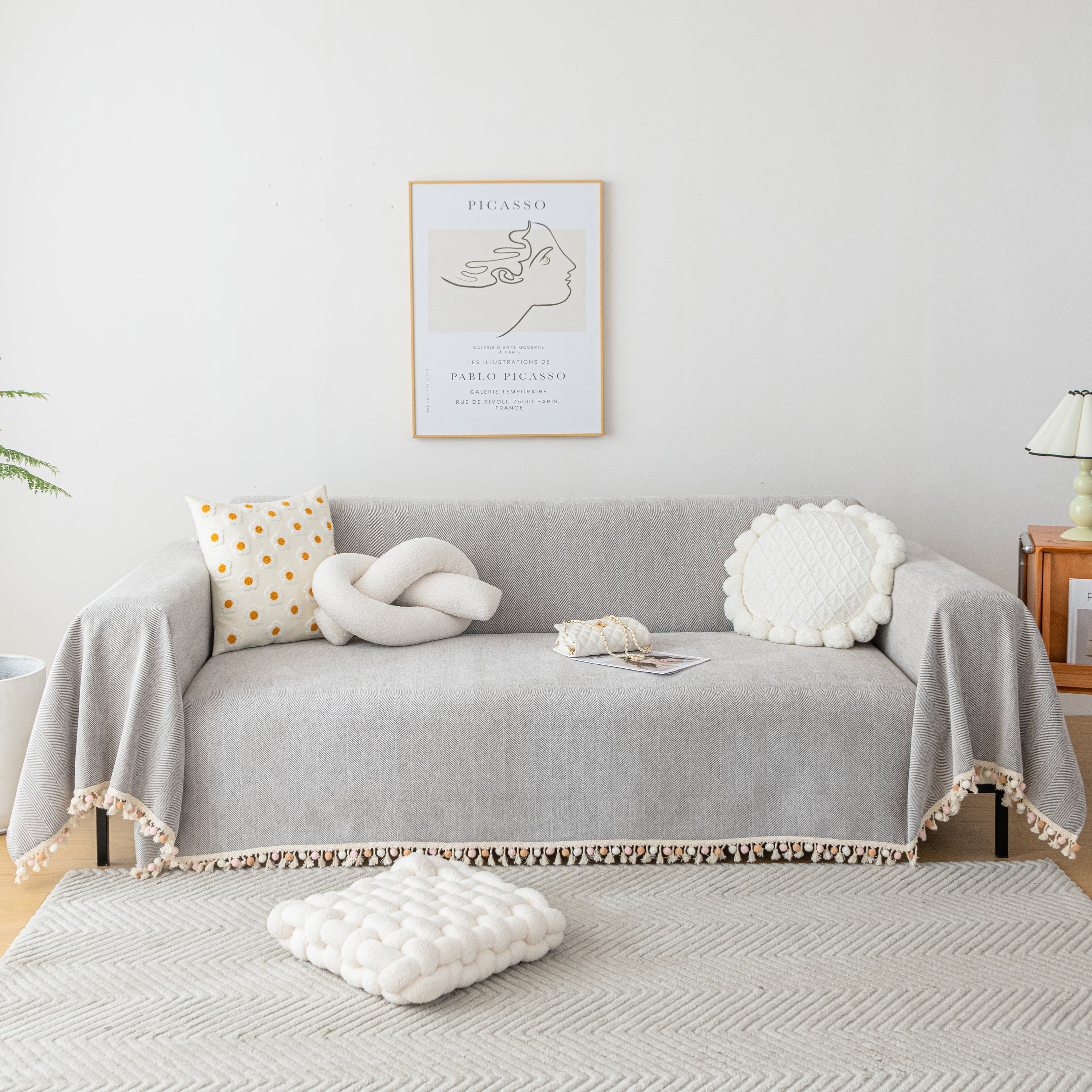 Couch Cover Sectional L Shape Chenille Herringbone Couch Throw Cover With Tassel Pom-poms For Pets