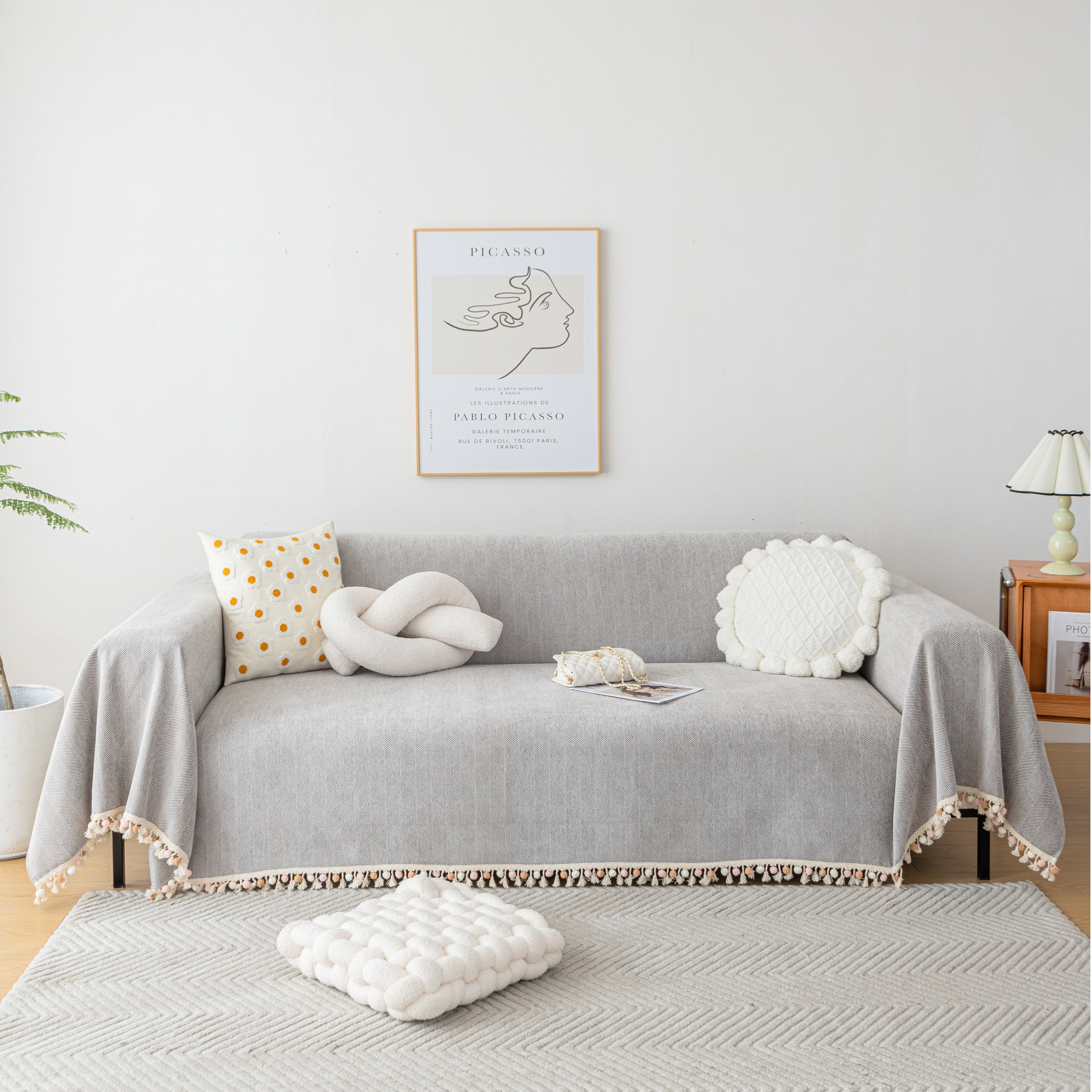 Boho Herringbone Sofa Throw Blanket With Pom Pom Tassels Stylish Furniture Slipcover