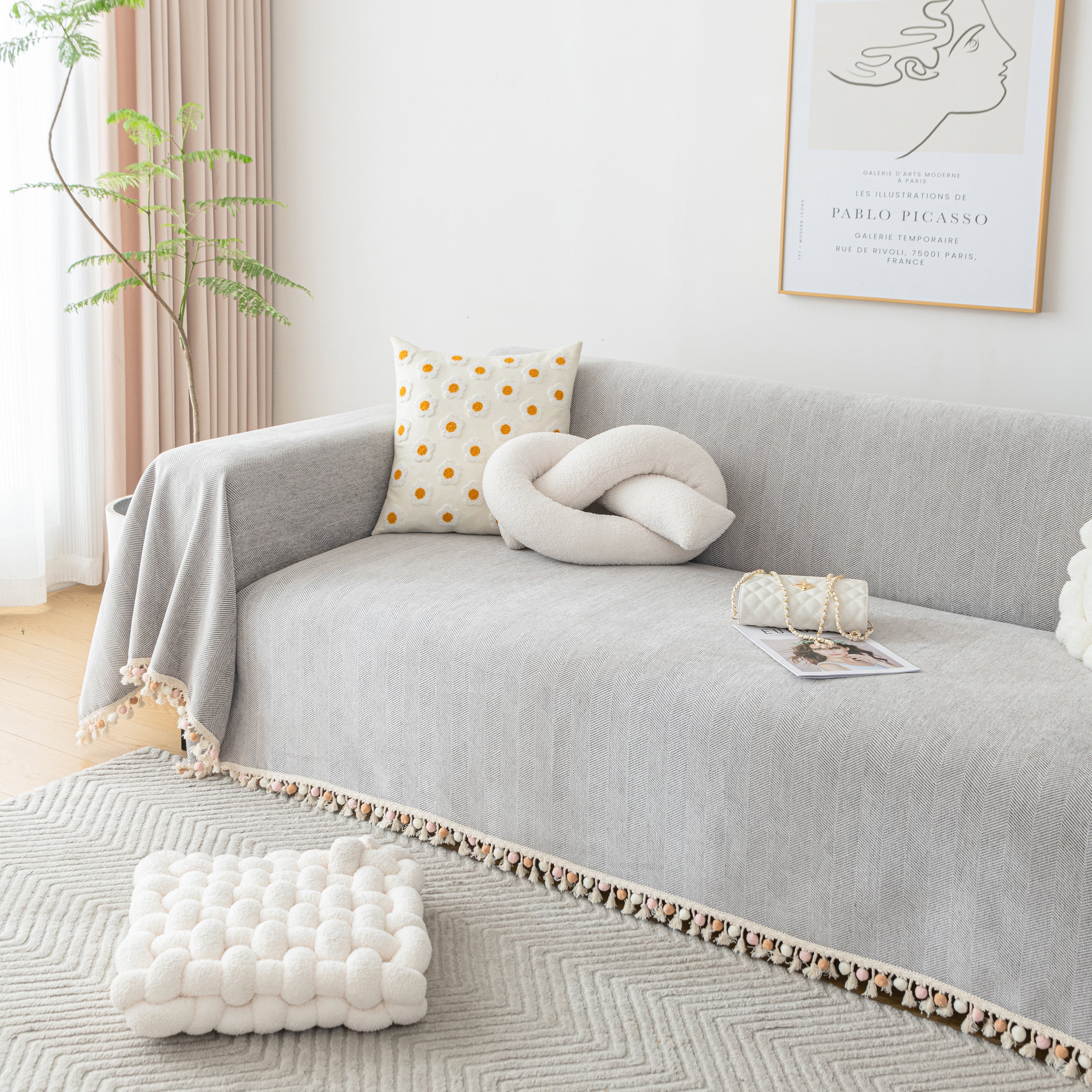 Couch Cover Sectional L Shape Chenille Herringbone Couch Throw Cover With Tassel Pom-poms For Pets