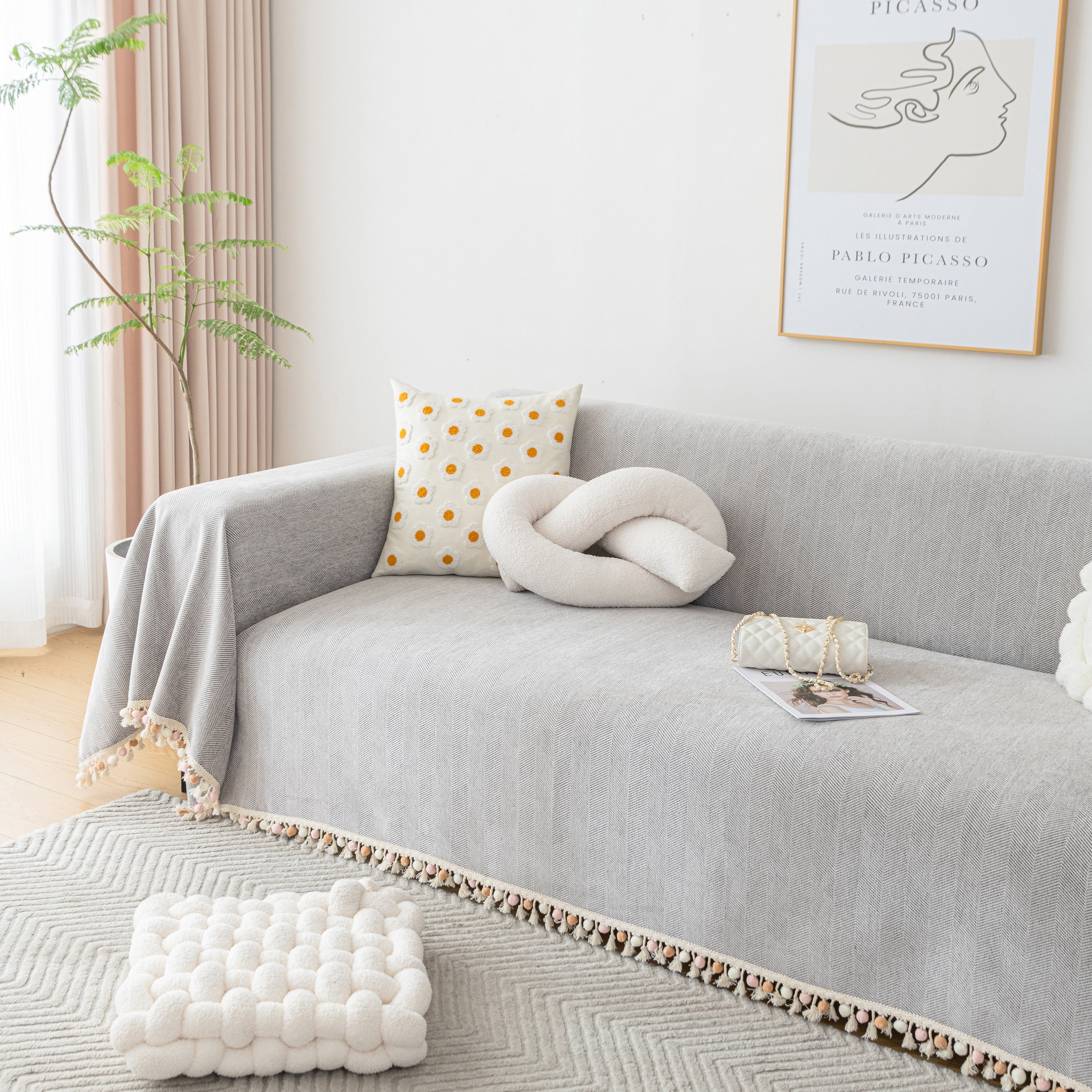 Boho Herringbone Sofa Throw Blanket With Pom Pom Tassels Stylish Furniture Slipcover