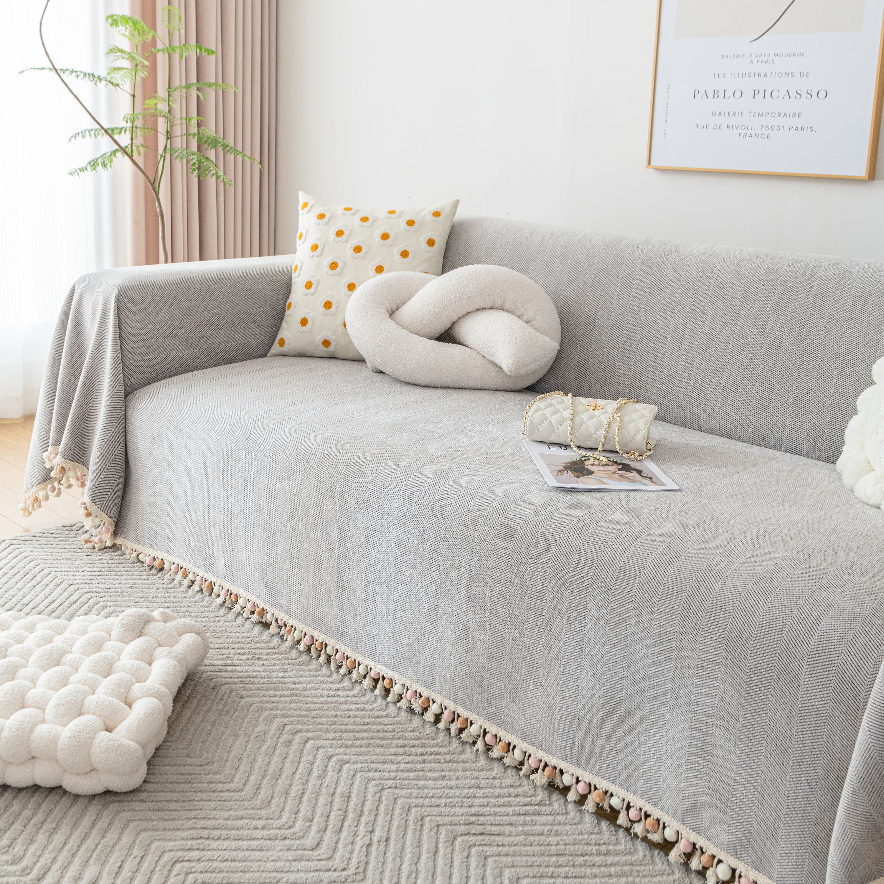 Boho Herringbone Sofa Throw Blanket With Pom Pom Tassels Stylish Furniture Slipcover