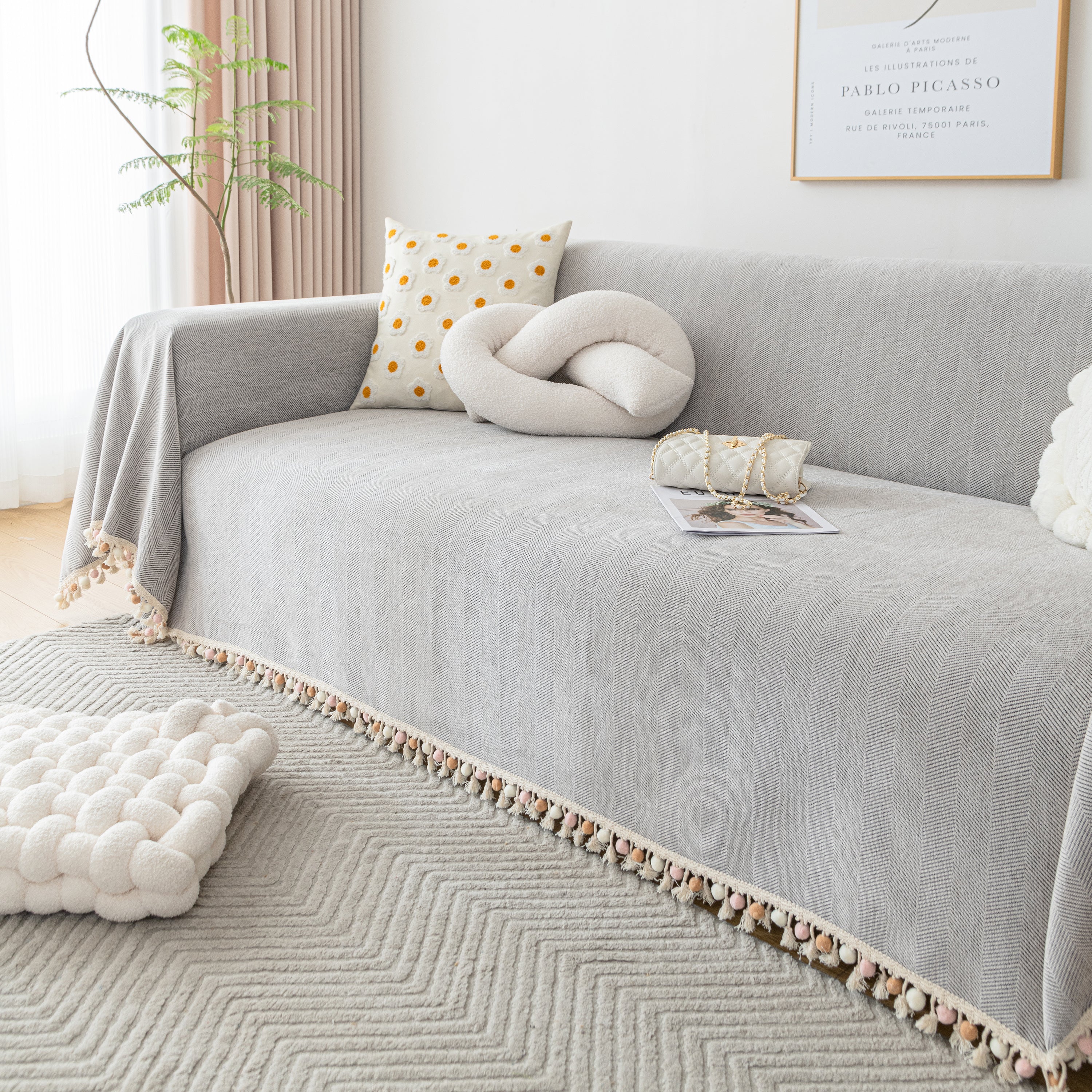 Couch Cover Sectional L Shape Chenille Herringbone Couch Throw Cover With Tassel Pom-poms For Pets