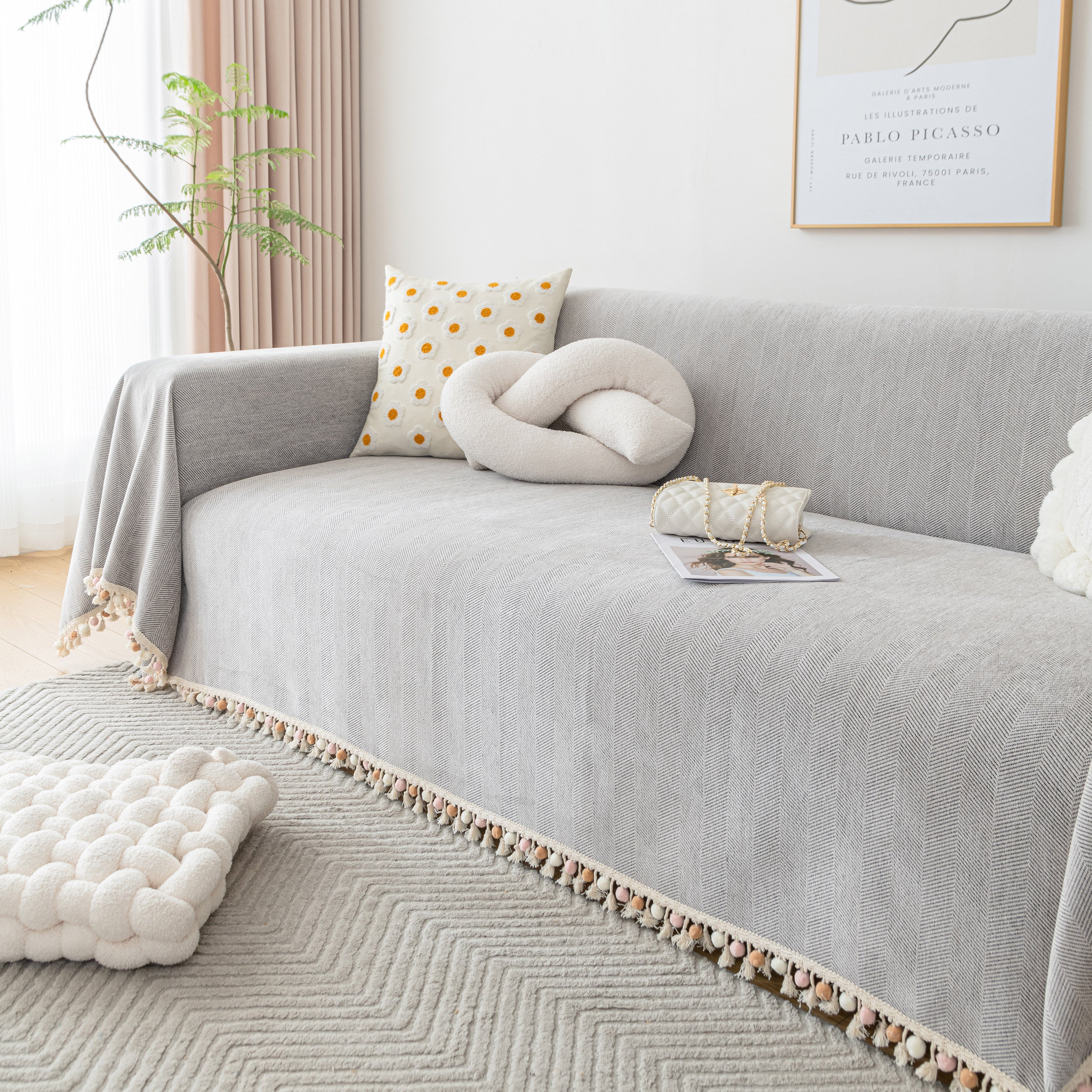 Boho Herringbone Sofa Throw Blanket With Pom Pom Tassels Stylish Furniture Slipcover