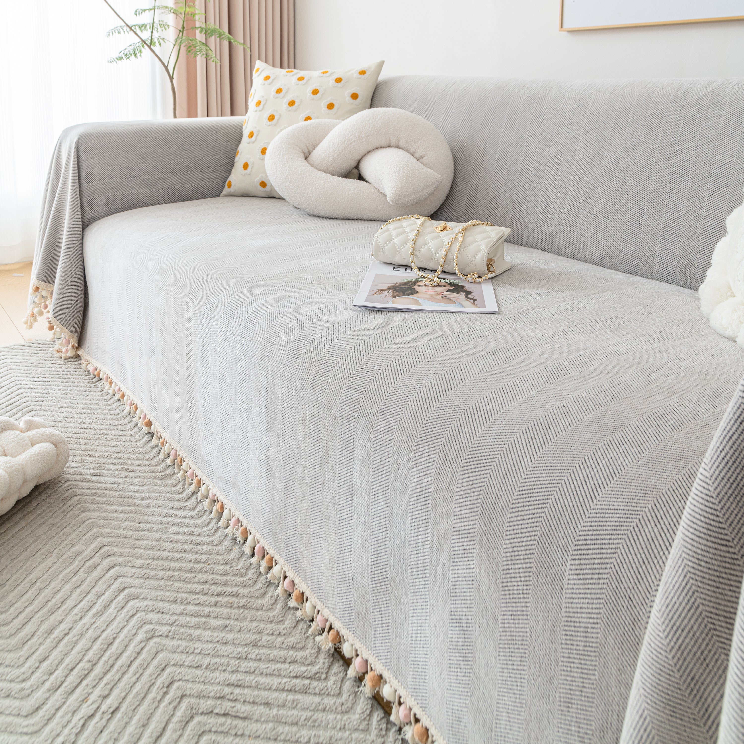 Couch Cover Sectional L Shape Chenille Herringbone Couch Throw Cover With Tassel Pom-poms For Pets