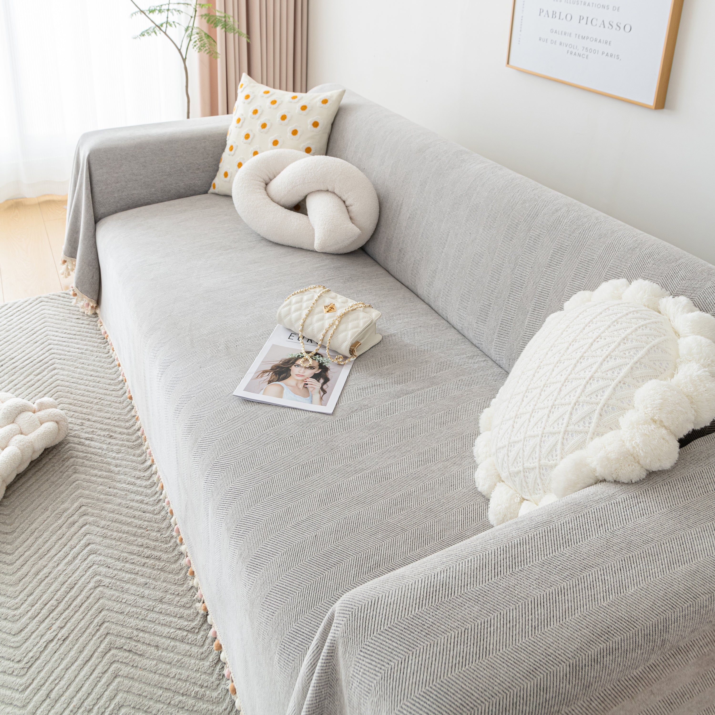 Couch Cover Sectional L Shape Chenille Herringbone Couch Throw Cover With Tassel Pom-poms For Pets