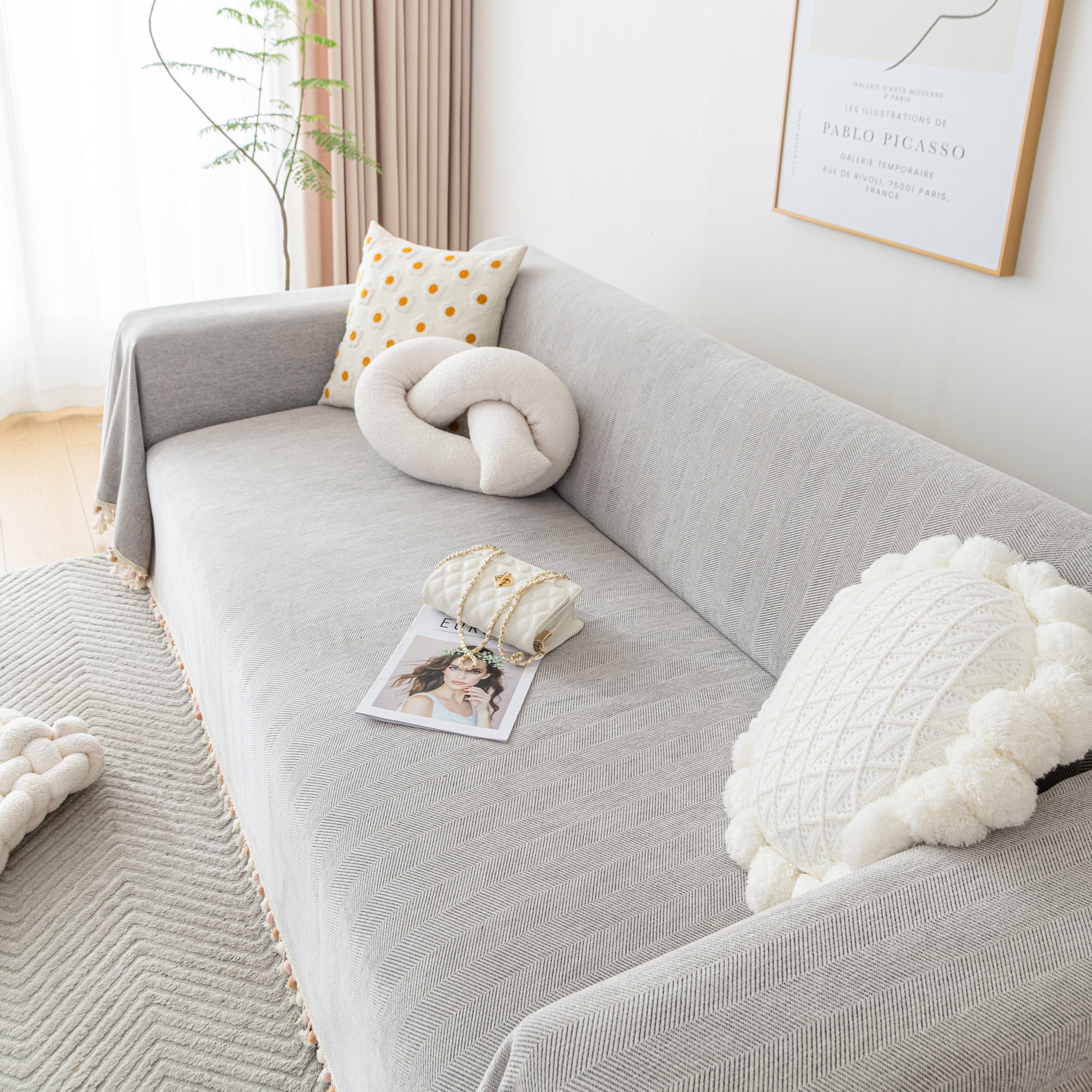 Boho Herringbone Sofa Throw Blanket With Pom Pom Tassels Stylish Furniture Slipcover
