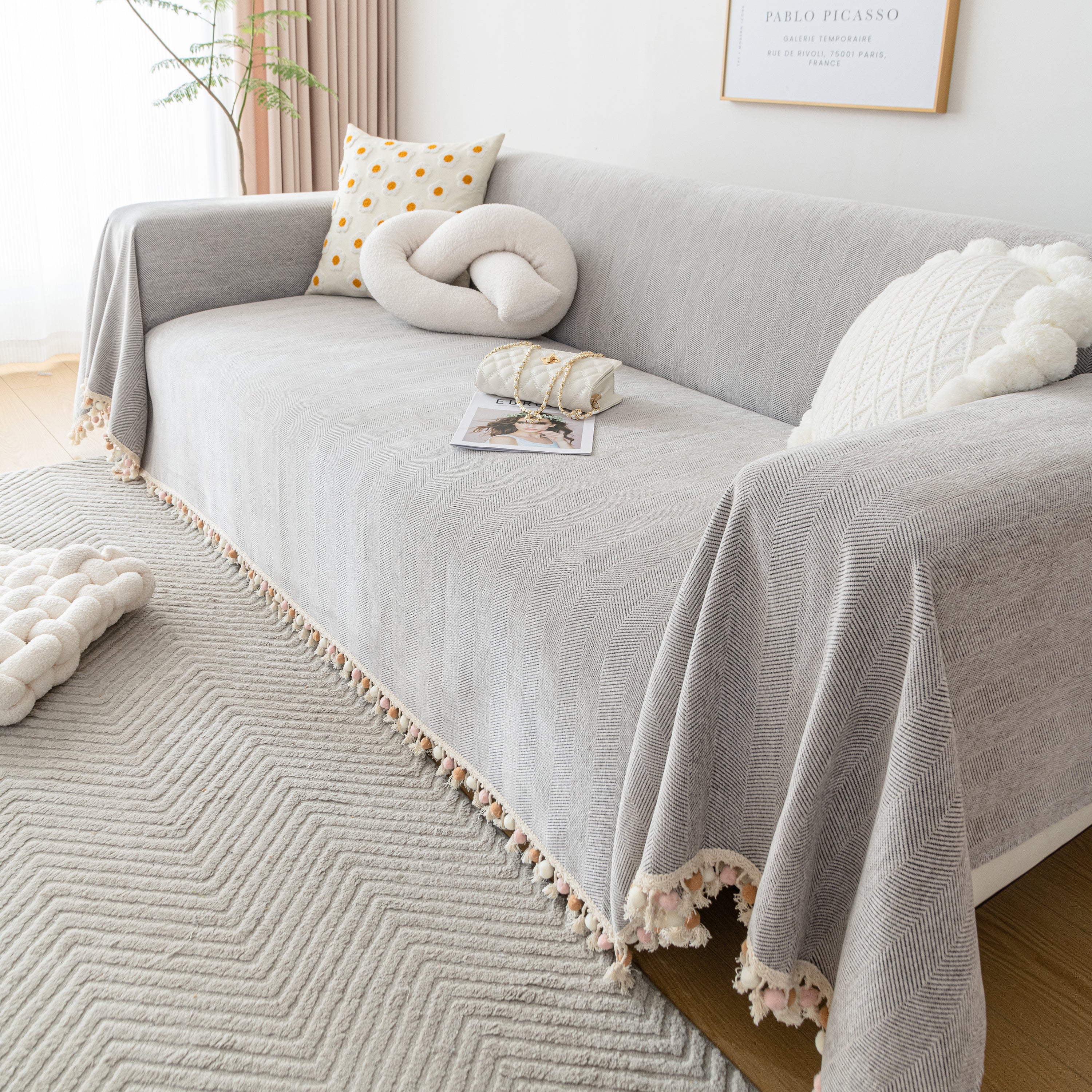 Couch Cover Sectional L Shape Chenille Herringbone Couch Throw Cover With Tassel Pom-poms For Pets