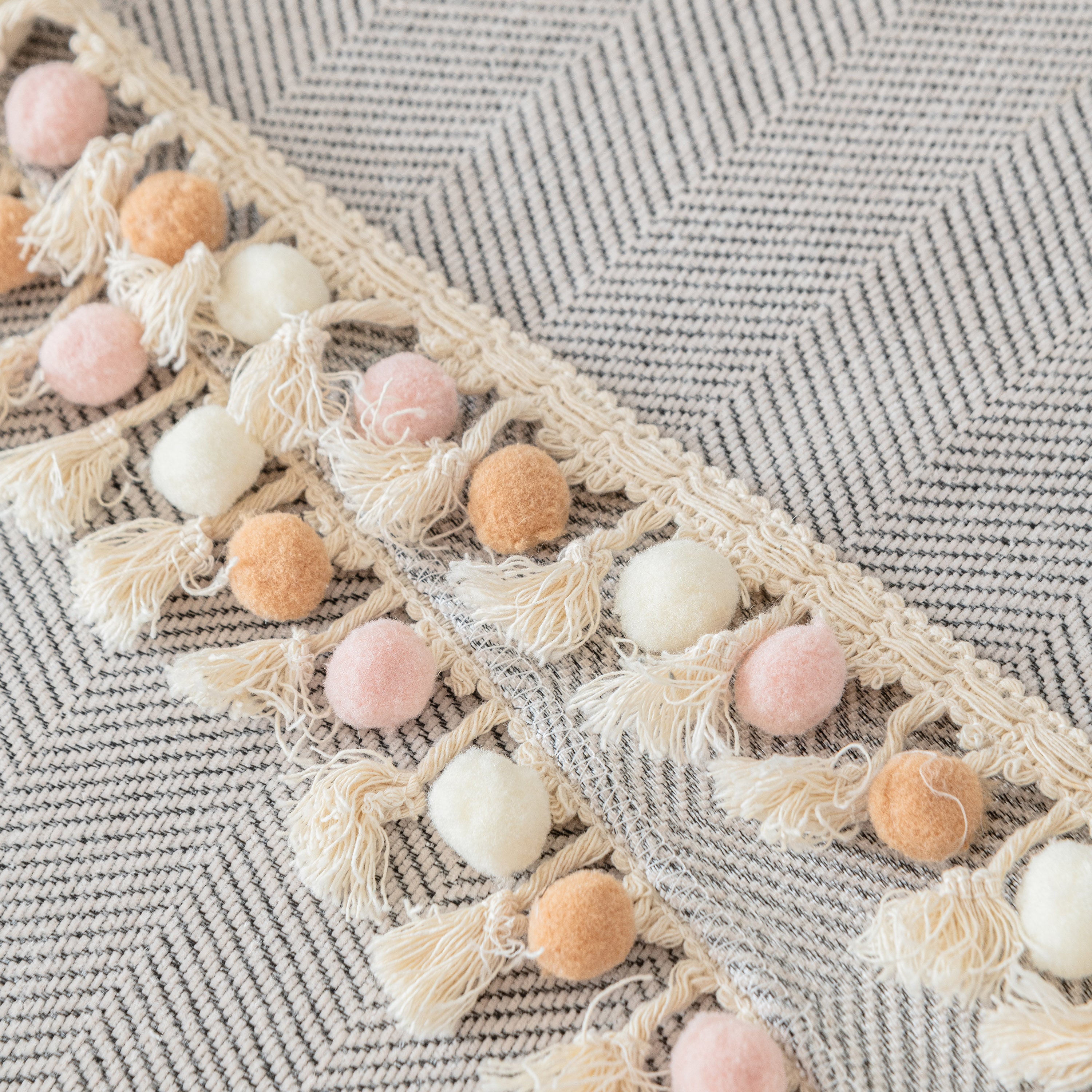 Boho Herringbone Sofa Throw Blanket With Pom Pom Tassels Stylish Furniture Slipcover