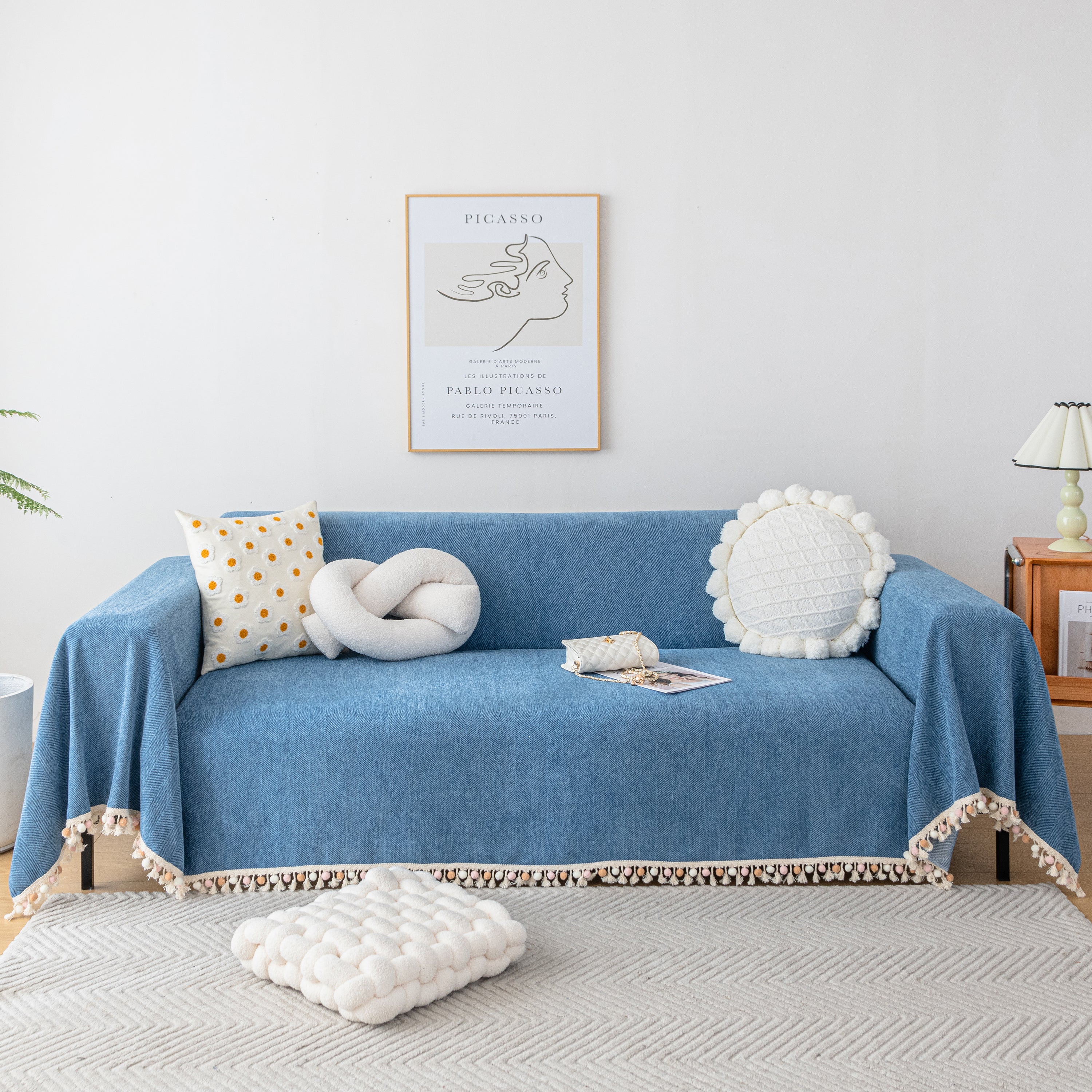 Couch Cover Sectional L Shape Chenille Herringbone Couch Throw Cover With Tassel Pom-poms For Pets