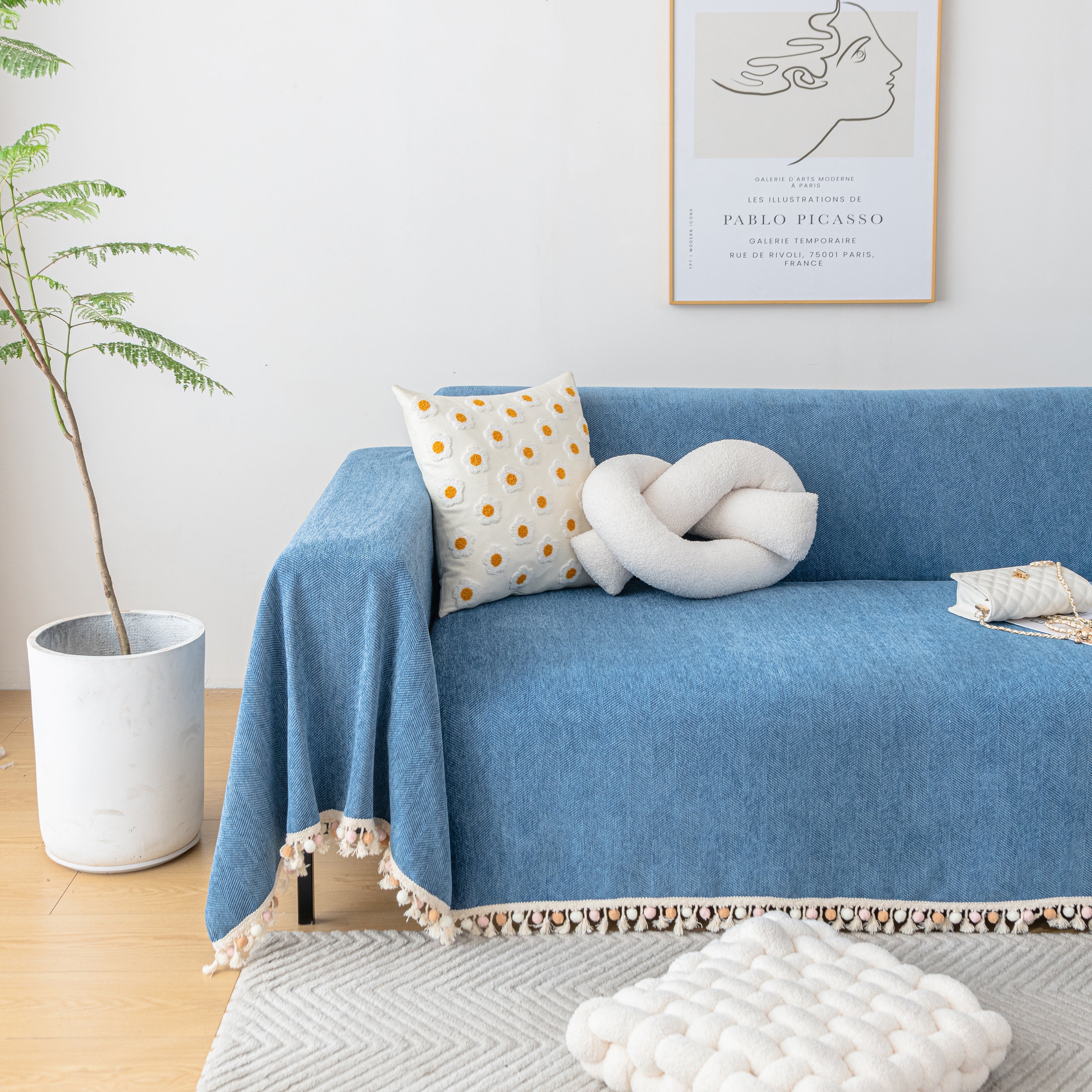Couch Cover Sectional L Shape Chenille Herringbone Couch Throw Cover With Tassel Pom-poms For Pets