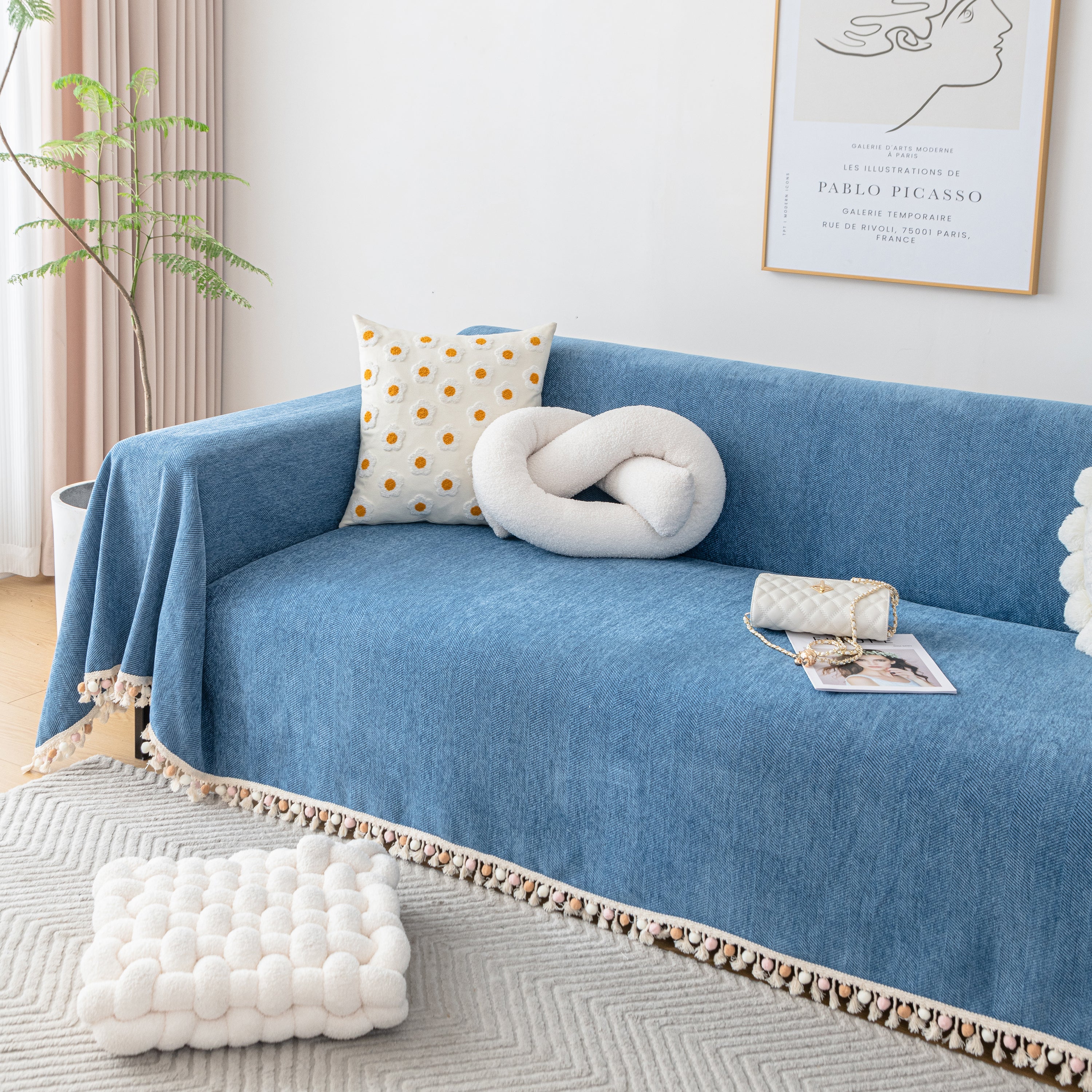 Couch Cover Sectional L Shape Chenille Herringbone Couch Throw Cover With Tassel Pom-poms For Pets
