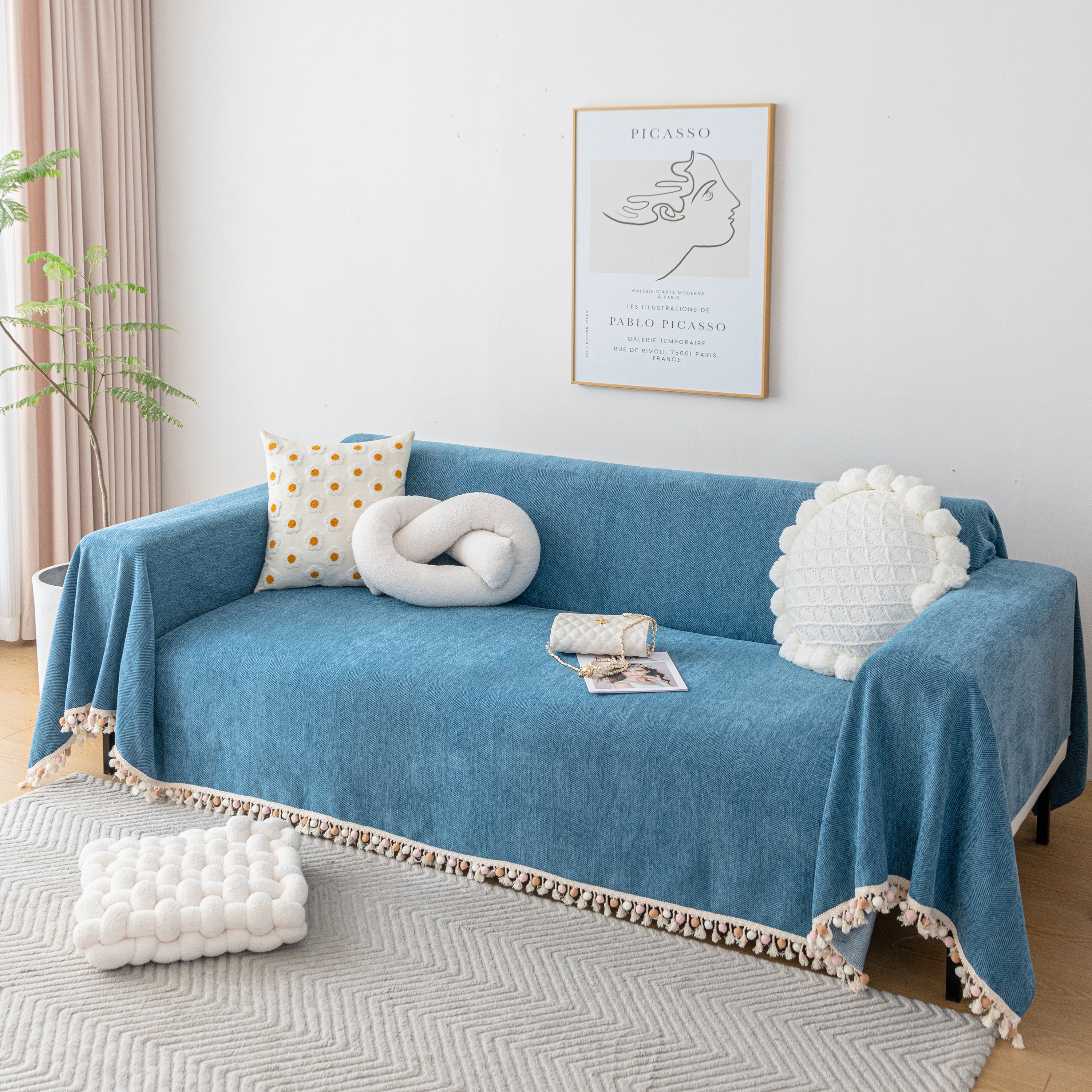 Couch Cover Sectional L Shape Chenille Herringbone Couch Throw Cover With Tassel Pom-poms For Pets