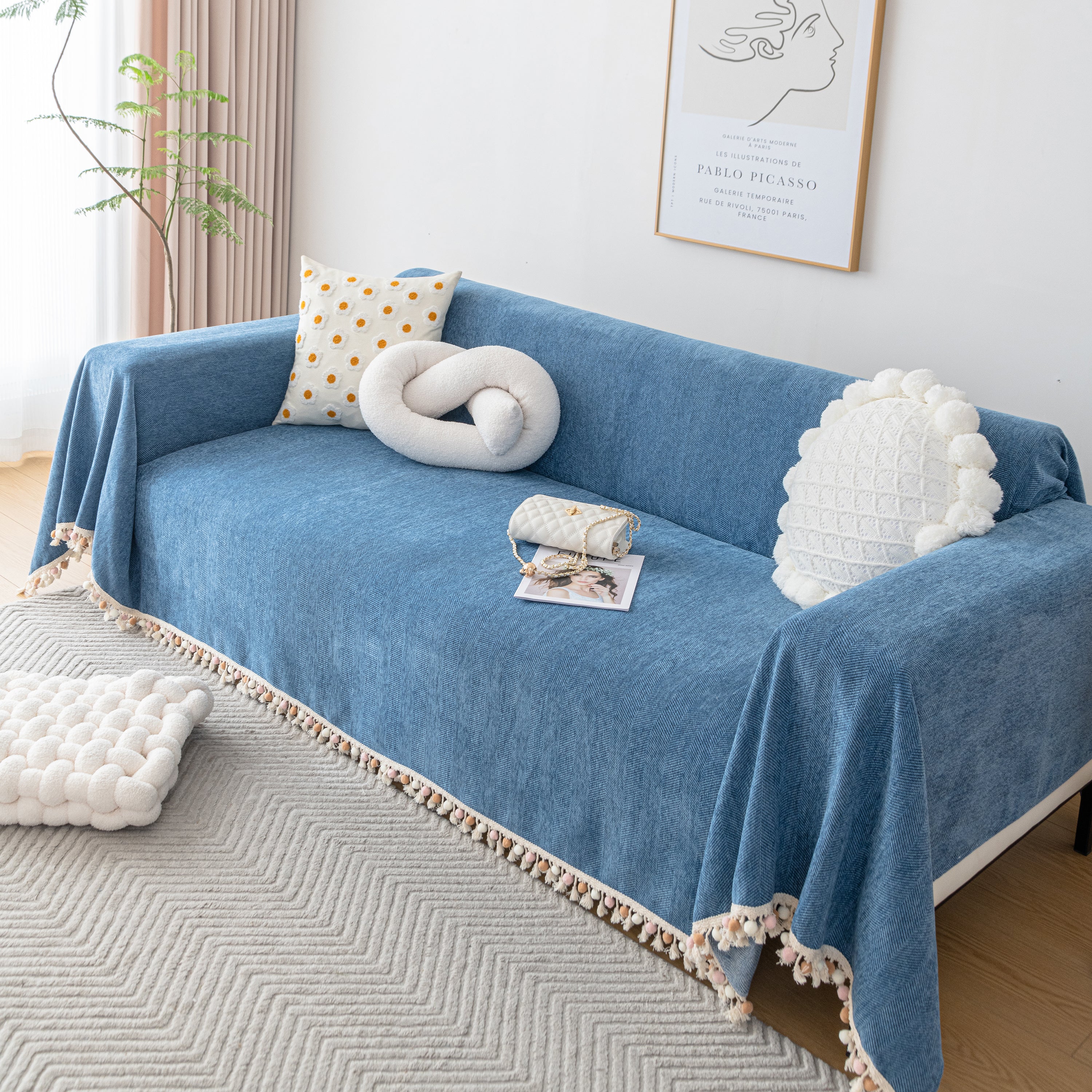 Couch Cover Sectional L Shape Chenille Herringbone Couch Throw Cover With Tassel Pom-poms For Pets
