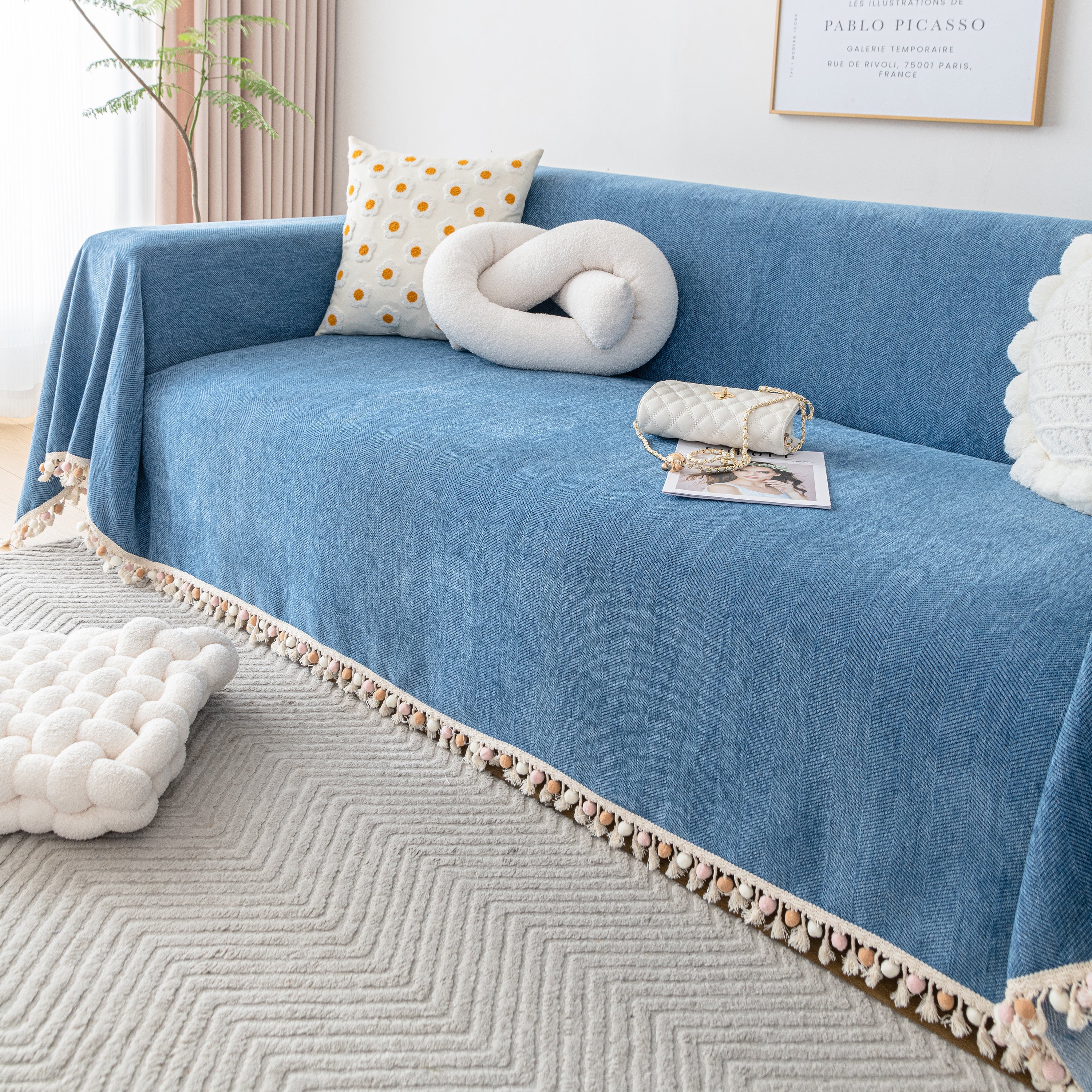 Couch Cover Sectional L Shape Chenille Herringbone Couch Throw Cover With Tassel Pom-poms For Pets