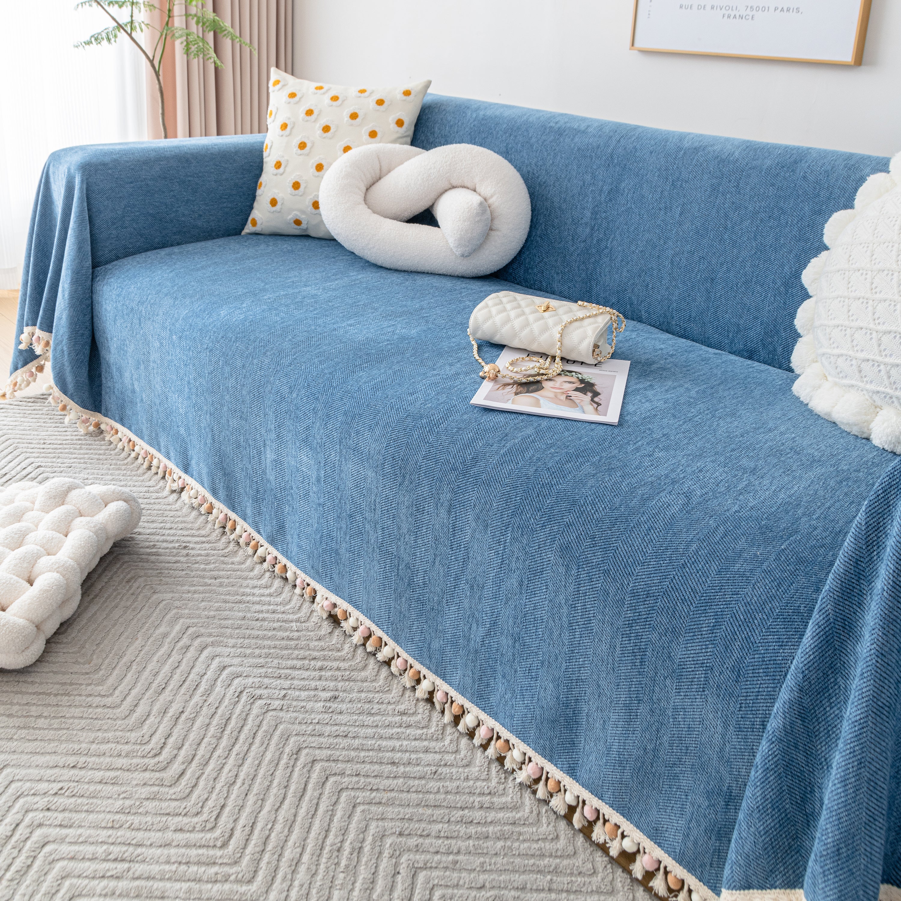 Couch Cover Sectional L Shape Chenille Herringbone Couch Throw Cover With Tassel Pom-poms For Pets