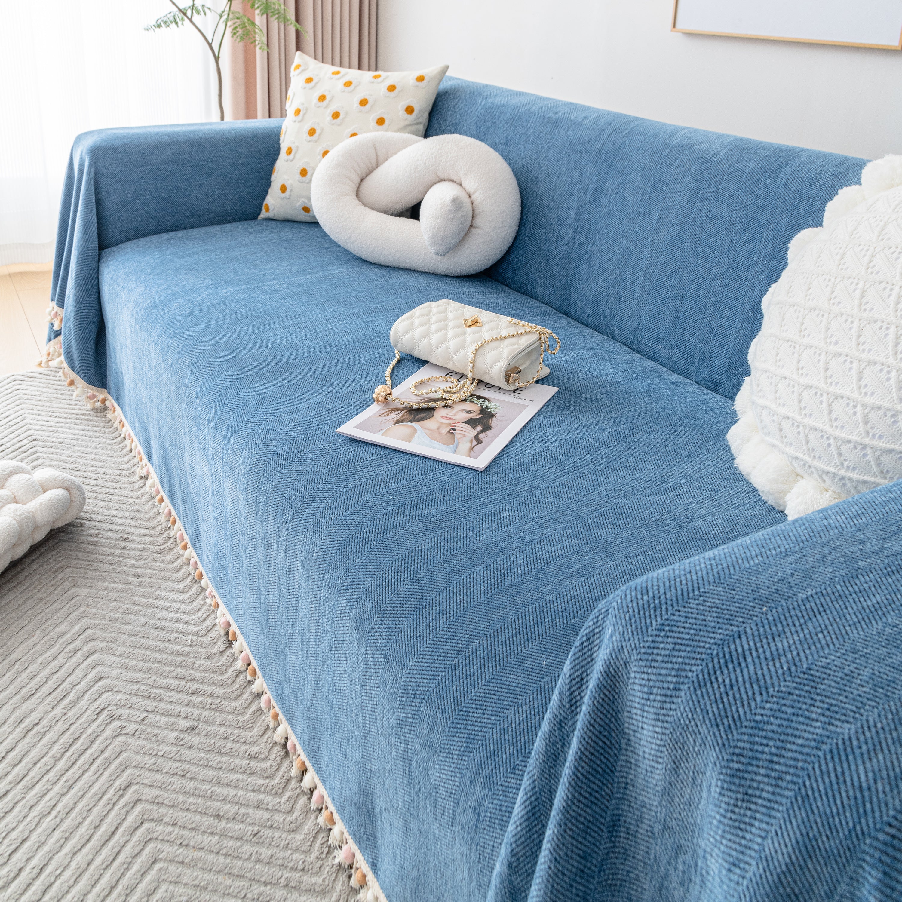 Couch Cover Sectional L Shape Chenille Herringbone Couch Throw Cover With Tassel Pom-poms For Pets